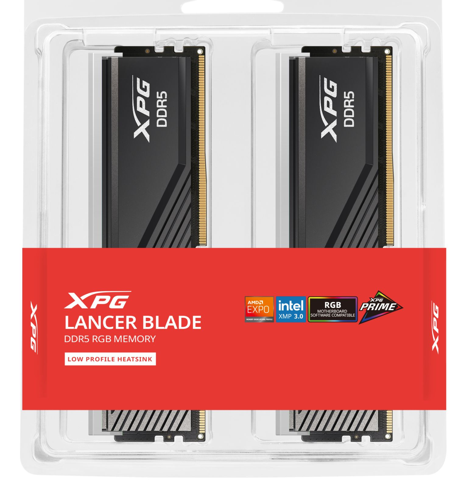 Zwei schwarze XPG Lancer Blade DDR5 RAM-Sticks in einer durchsichtigen Plastikverpackung mit rotem Band.