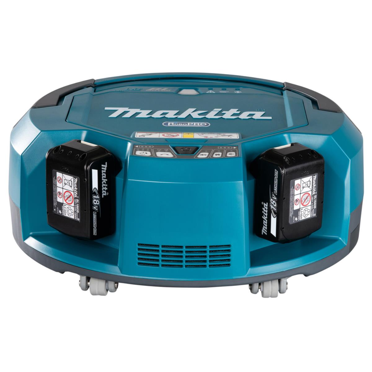 Un robot aspirapolvere Makita verde acqua con due batterie da 18V e ruote piccole su sfondo bianco.