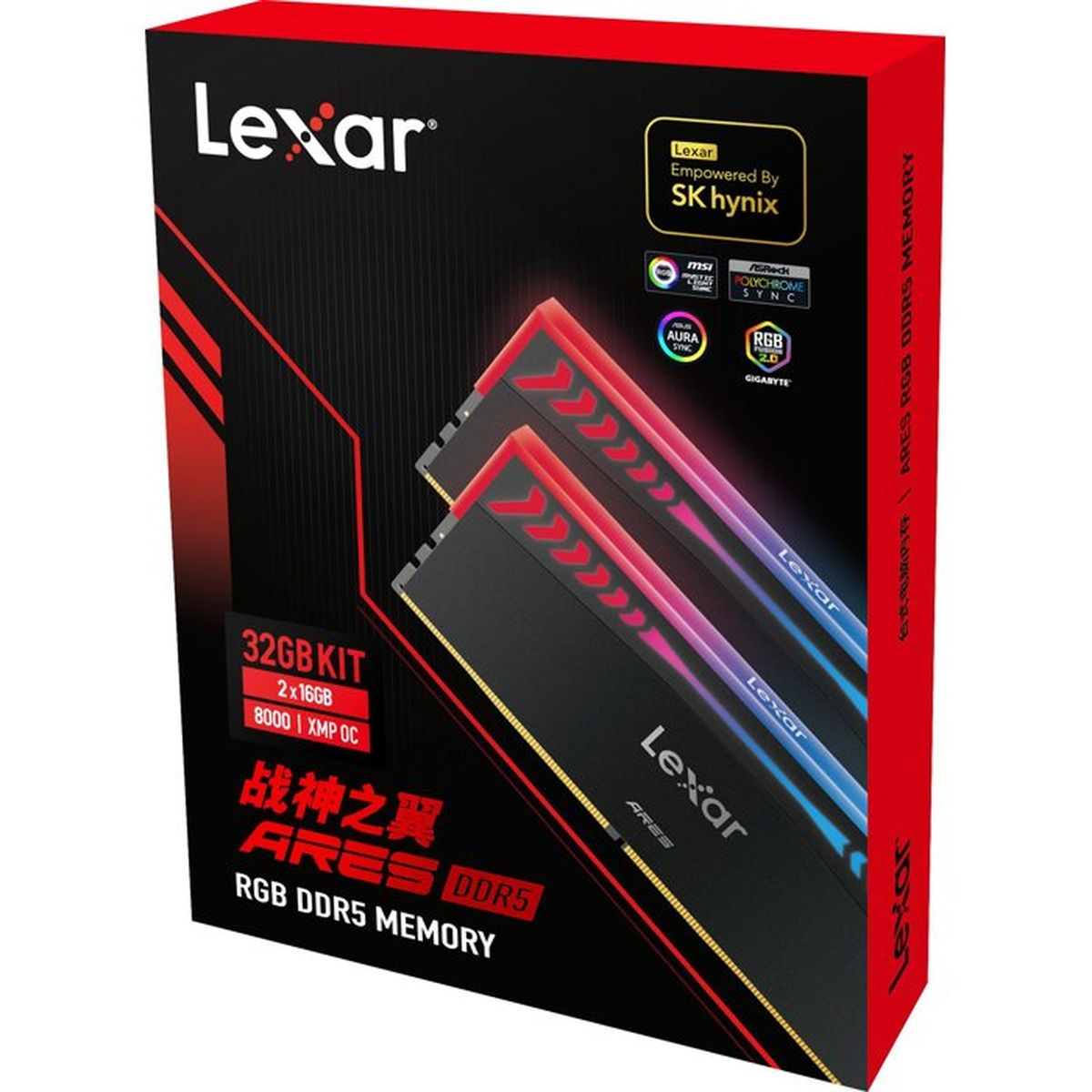 Scatola di memoria Lexar ARES RGB DDR5 con due moduli da 16GB per un totale di 32GB.