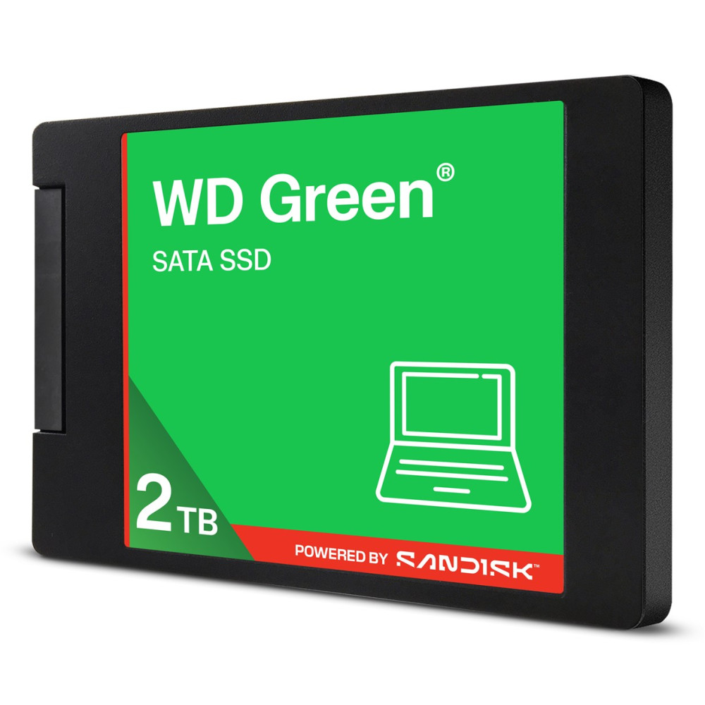 Un SSD SATA WD Green da 2 TB nero con etichetta verde e icona di un laptop.