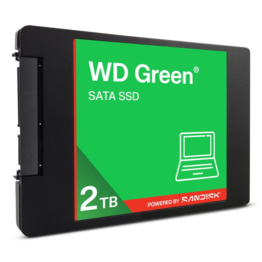 SSD SATA WD Green da 2 TB, custodia nera con etichetta verde.