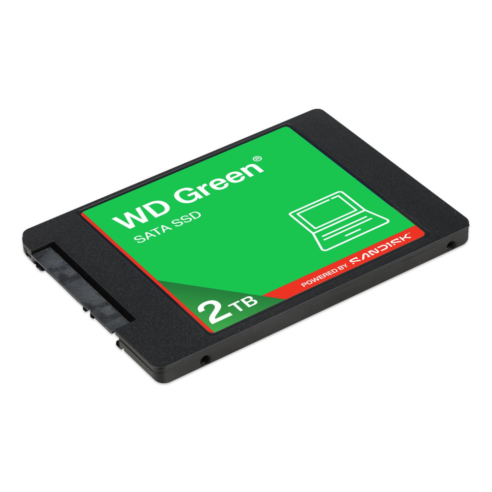 SSD SATA WD Green da 2TB nera con etichetta verde e icona del computer portatile su sfondo bianco.