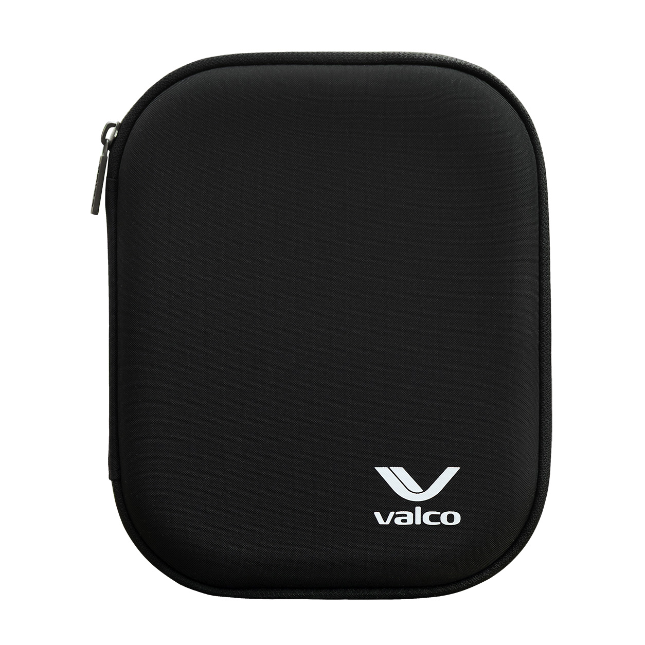 Eine schwarze Hartschalen-Kopfhörertasche mit Reißverschluss und weißem Valco-Logo auf weißem Hintergrund.