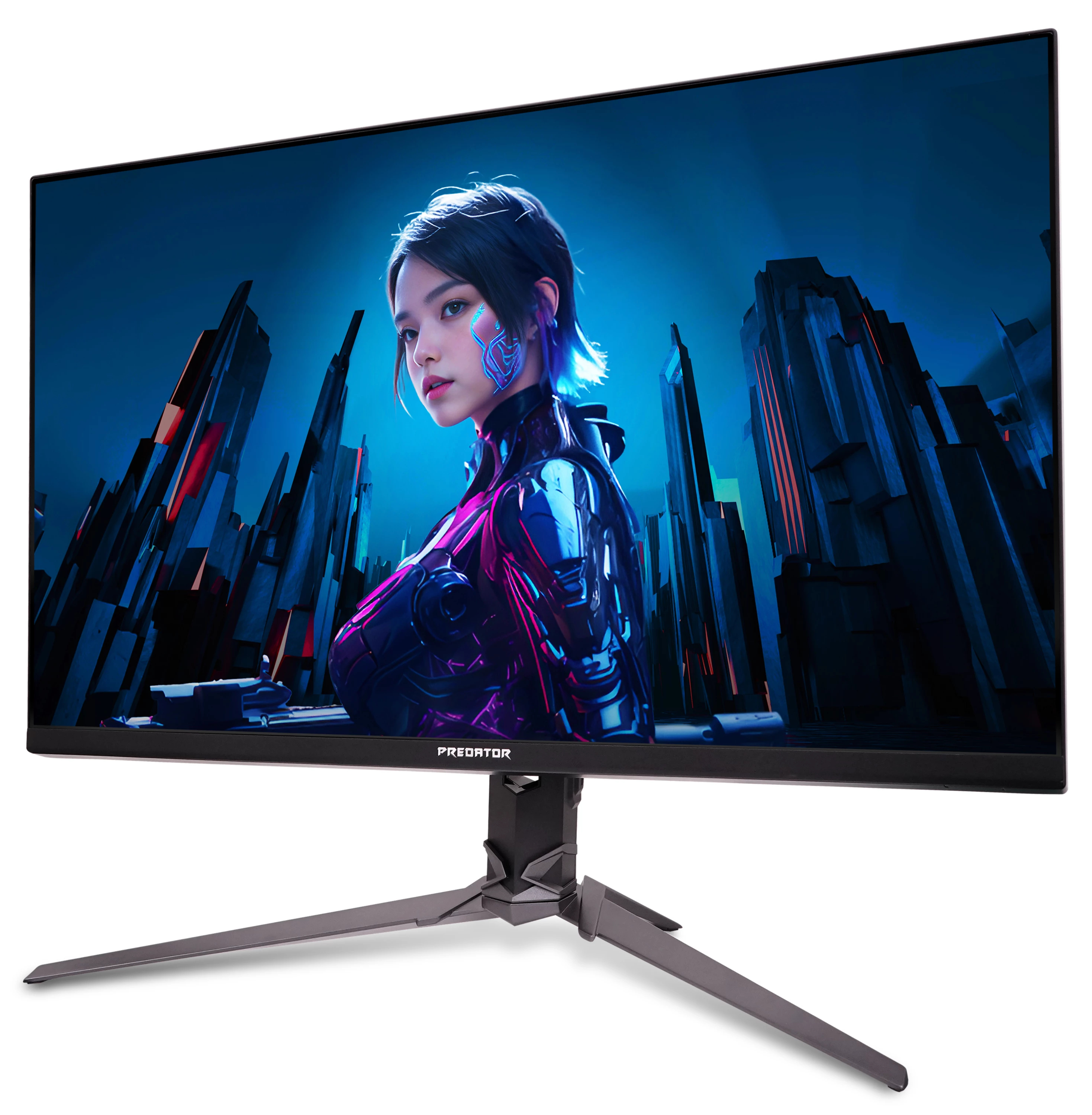 Un monitor da gioco Predator mostra una guerriera futurista con grattacieli blu.