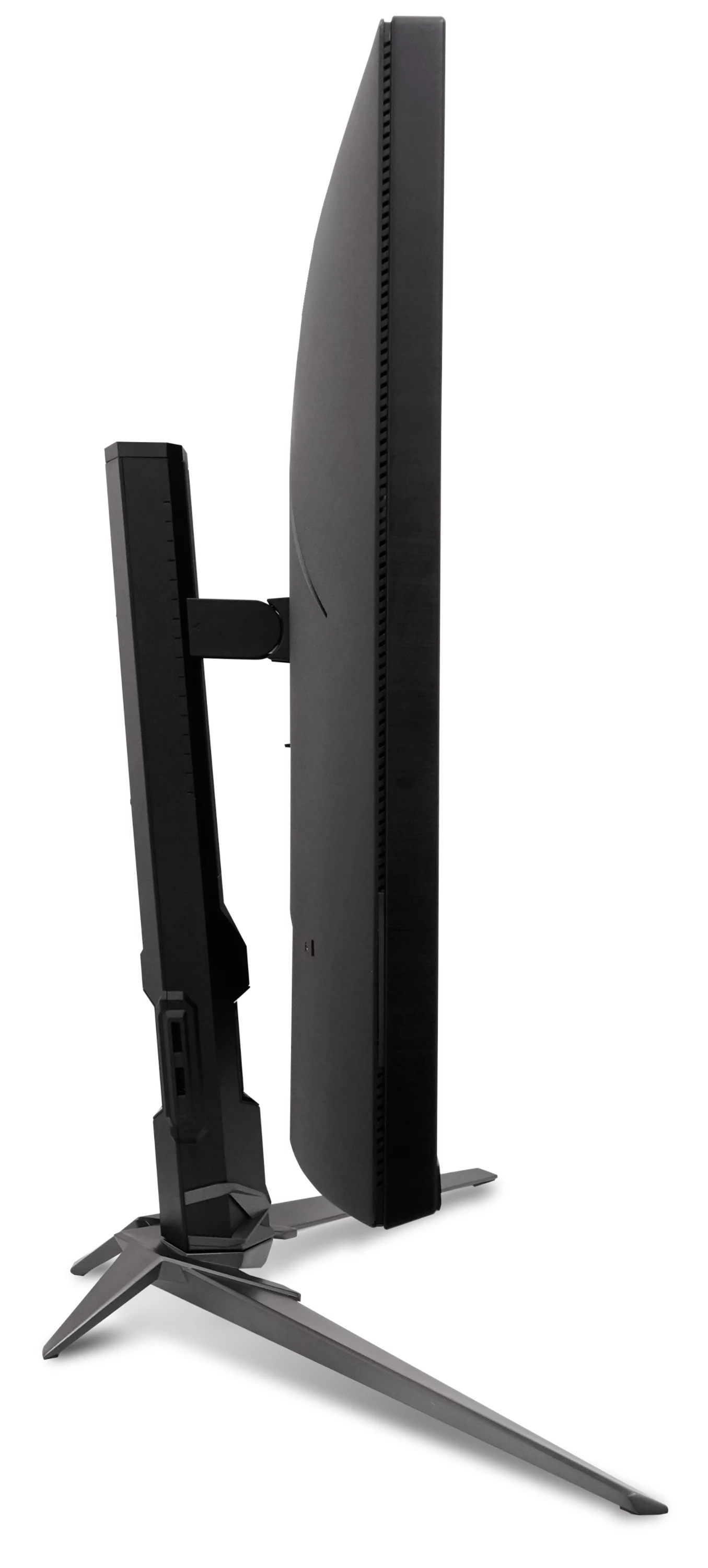 Vista laterale di un monitor per computer nero su un supporto regolabile robusto con base a V su sfondo bianco.