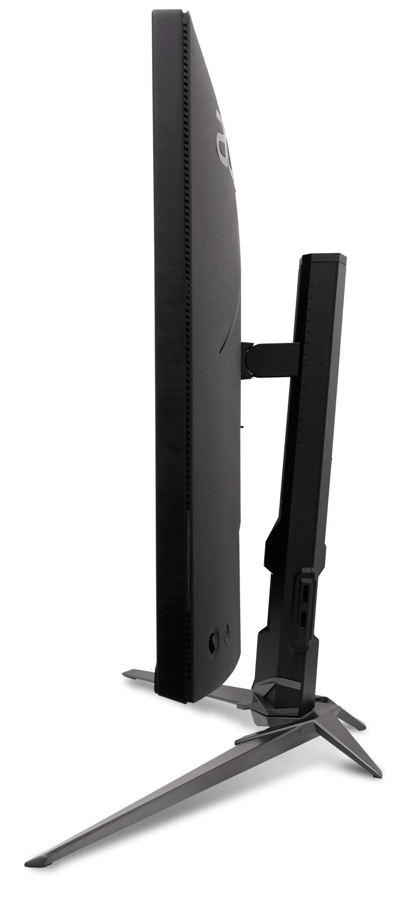 Vista laterale di un monitor per computer nero curvo con supporto regolabile su sfondo bianco.