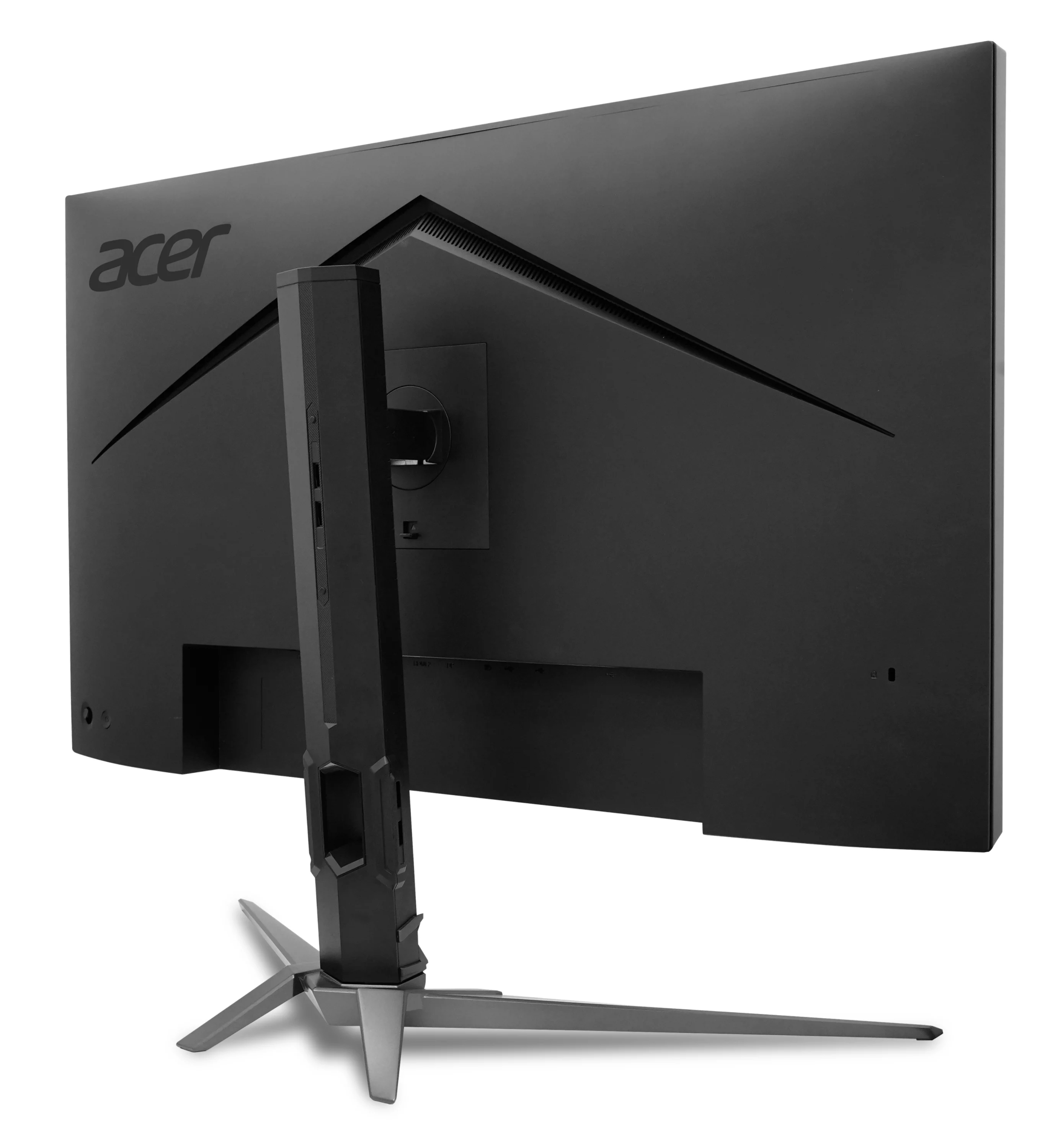 Vista posteriore di un monitor Acer nero con supporto ergonomico su sfondo bianco.