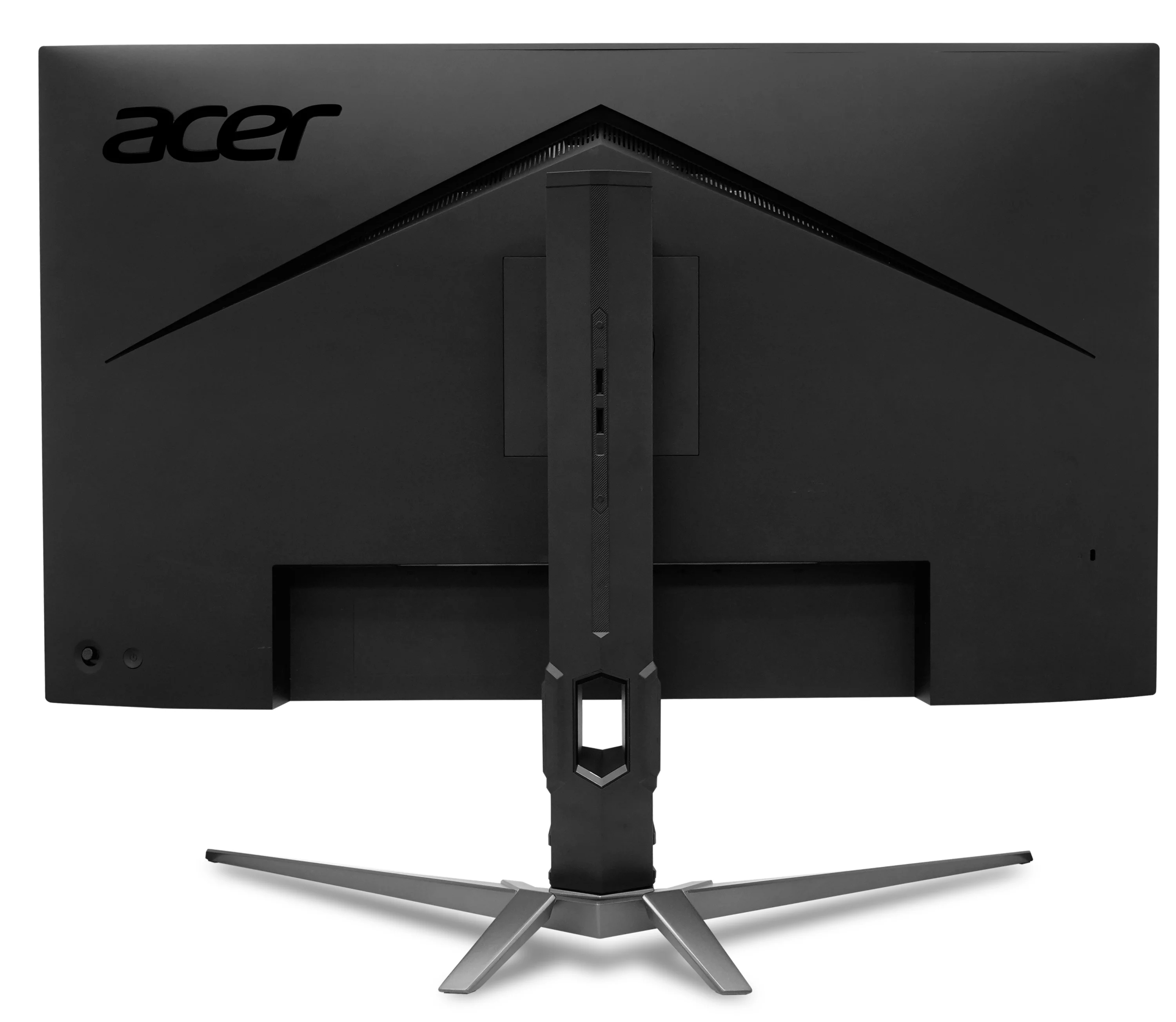 Vista posteriore di un monitor Acer nero con supporto verticale e piedini a V su sfondo bianco.