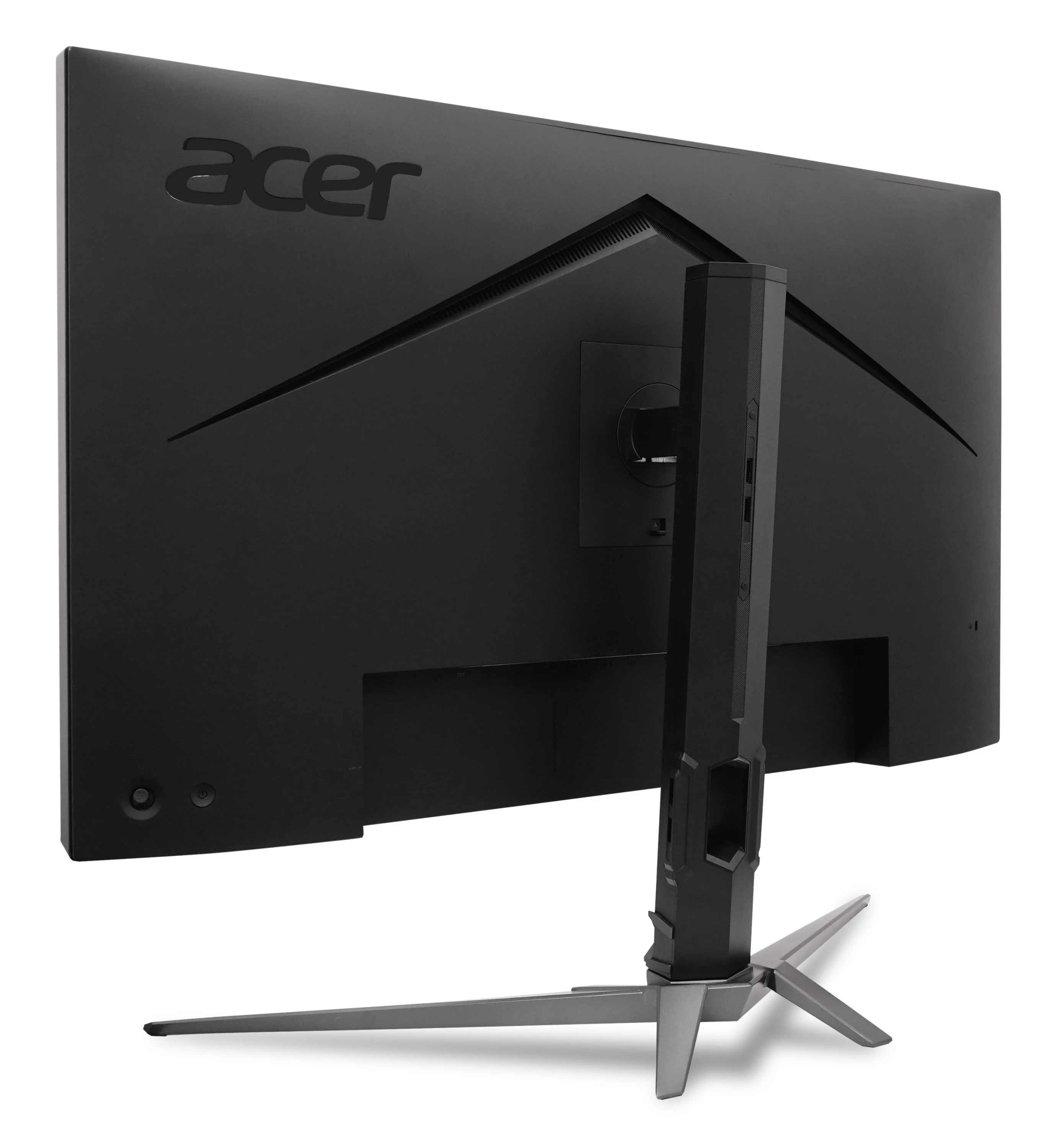 Vista posteriore di un monitor nero Acer con supporto ergonomico e base a tre punte.