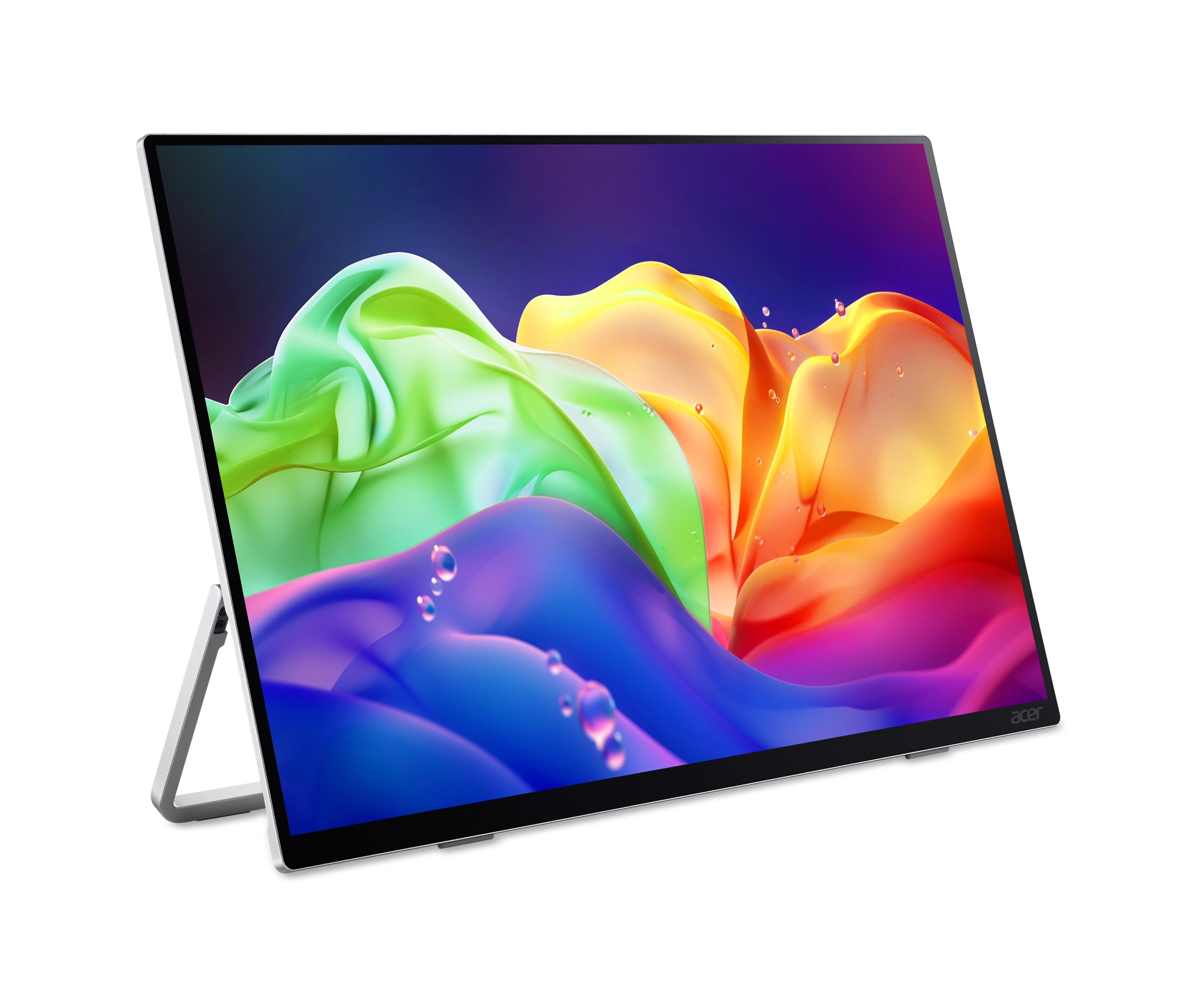 Un monitor elegante con un motivo a onde astratto e colorato sullo schermo, supportato da un piedistallo.
