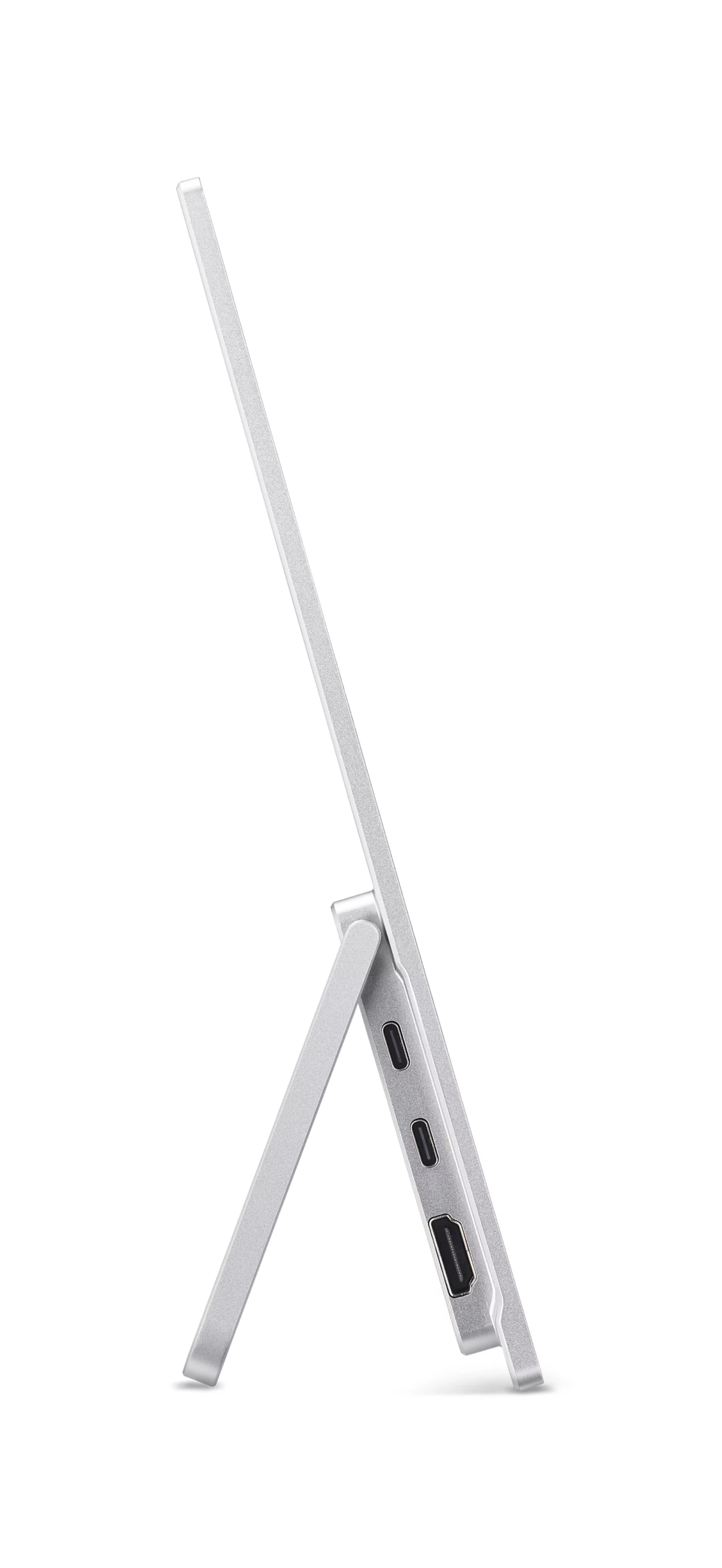 Vista laterale di un monitor argentato sottile con supporto integrato e tre porte di connessione visibili.