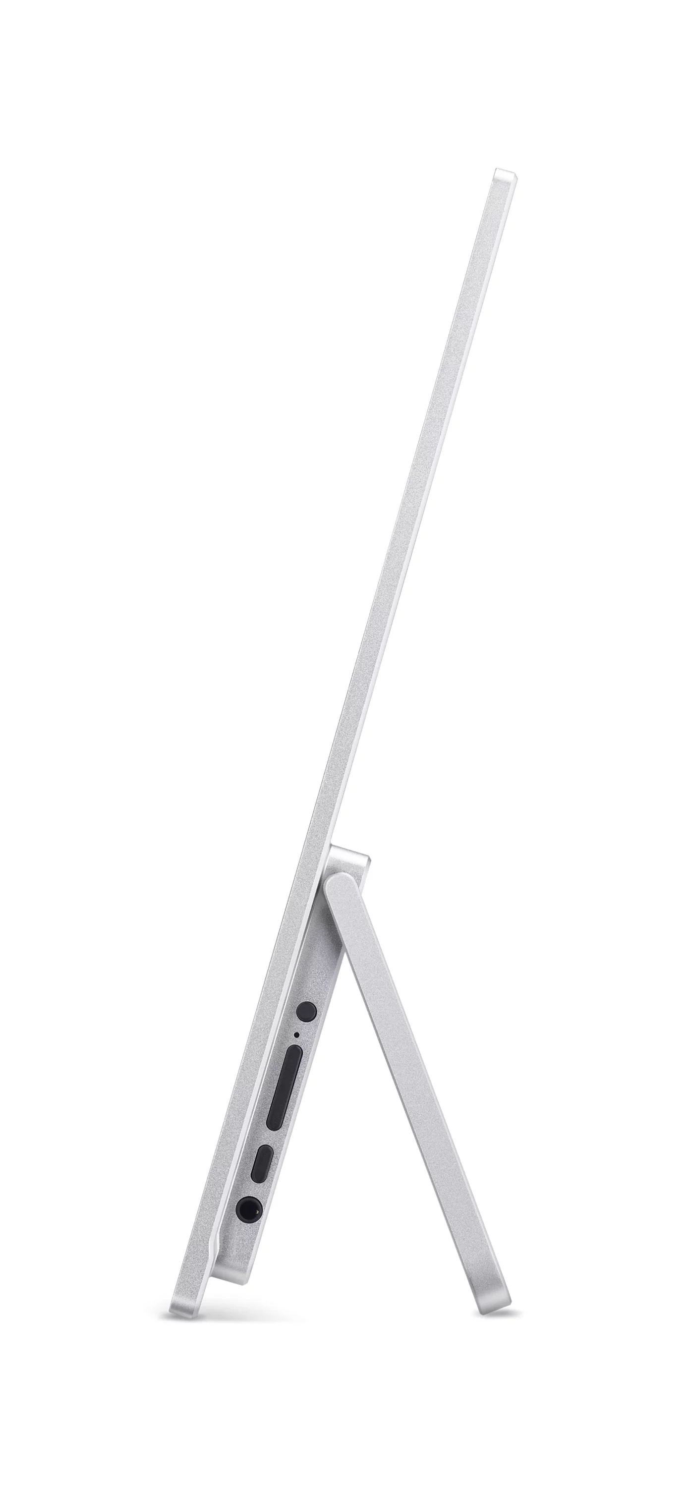 Vista laterale di un sottile monitor argentato con supporto regolabile che mostra porte su sfondo bianco.