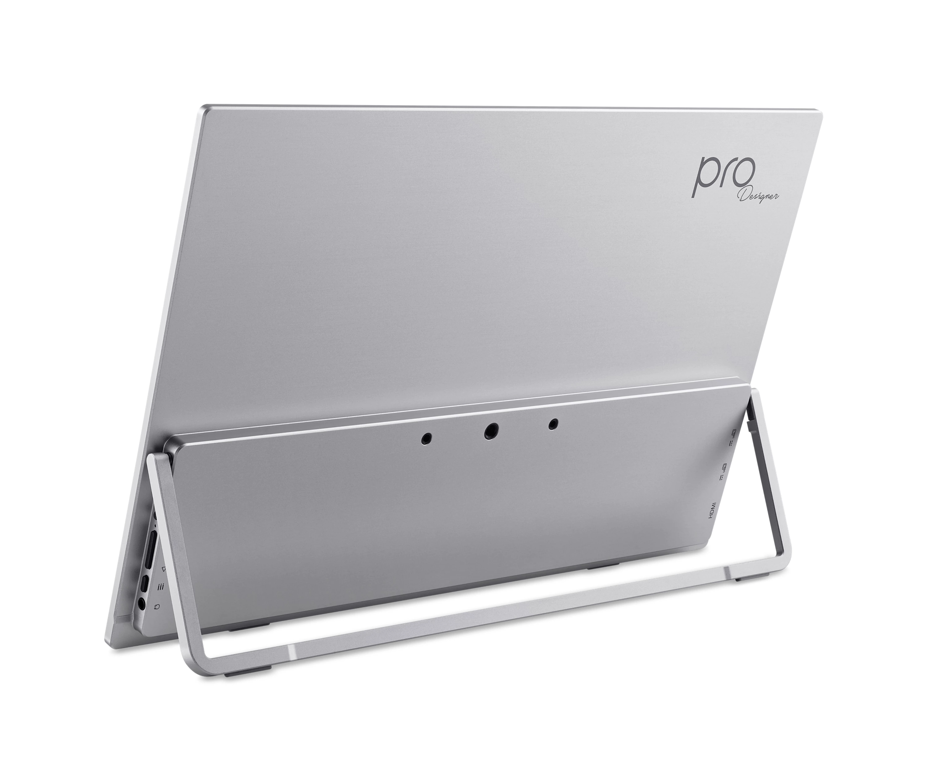 Vista posteriore di un monitor portatile argentato con supporto in metallo e porte su sfondo bianco.