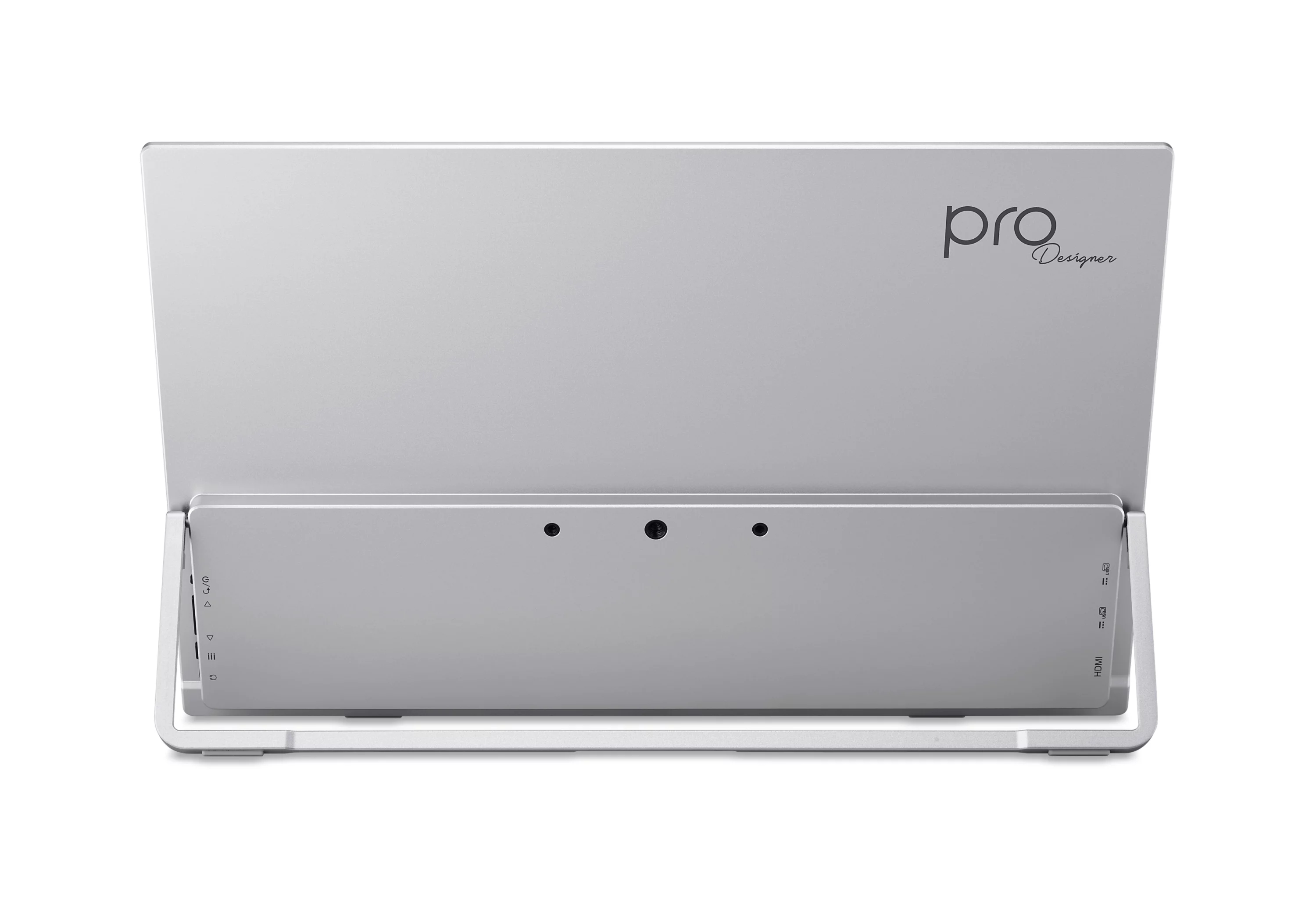 Vista posteriore di un monitor ProArt argento con supporto integrato e varie porte sui lati.