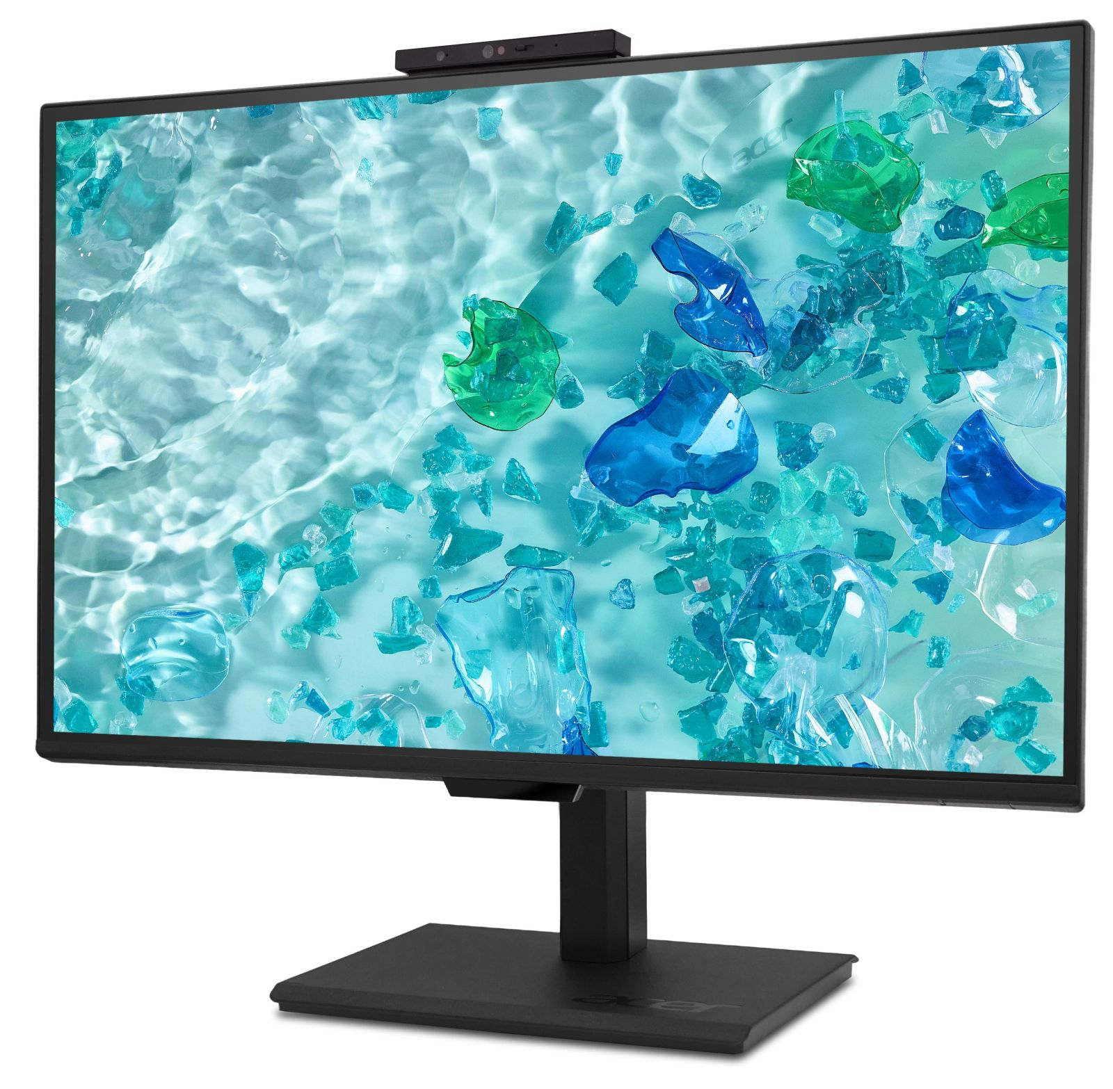 Monitor Acer con webcam su supporto nero che mostra acqua blu-verde con frammenti di plastica.