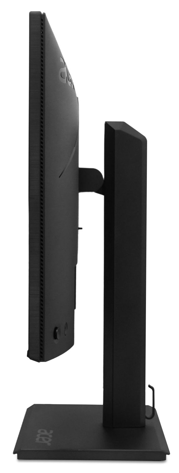 Vista laterale di un monitor per computer Acer nero con supporto su sfondo bianco.