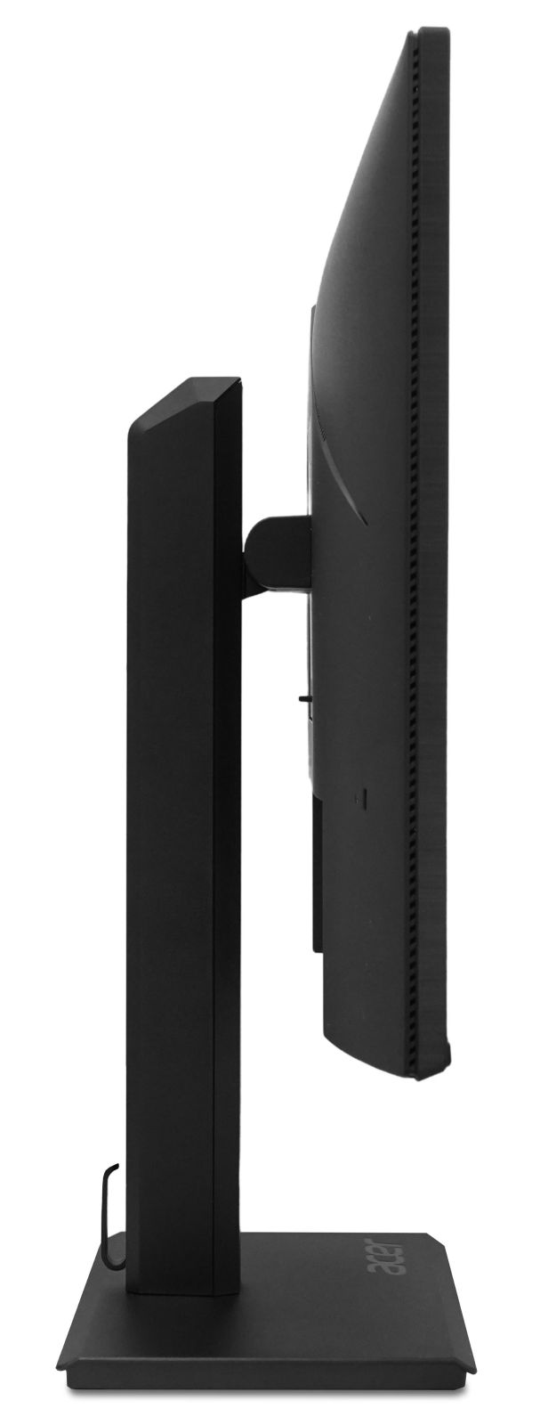 Vista laterale di un monitor per computer nero su supporto, su sfondo bianco.