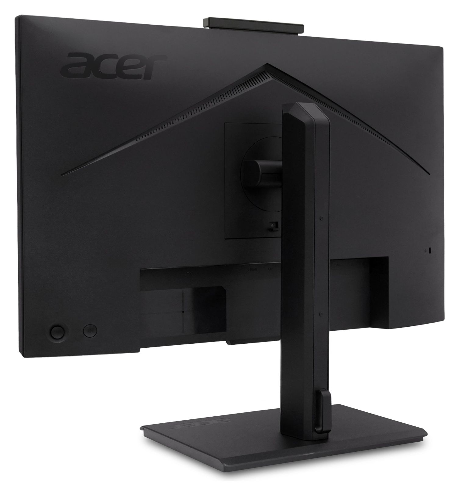Il retro di un monitor Acer nero con supporto su sfondo bianco.