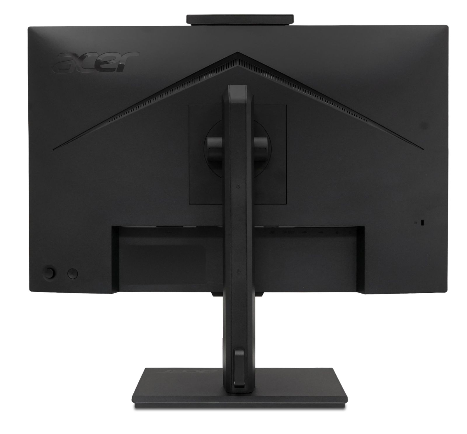 Vista posteriore di un monitor nero Acer con supporto su sfondo bianco.