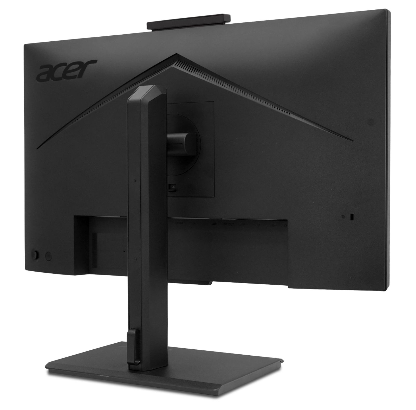 Vista posteriore di un monitor Acer nero su supporto con webcam integrata in alto, su sfondo bianco.
