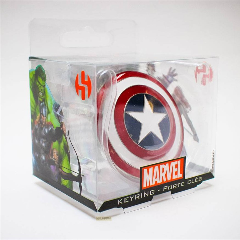 Llavero del escudo de Capitán América en caja transparente de Marvel con gráfico de Hulk.