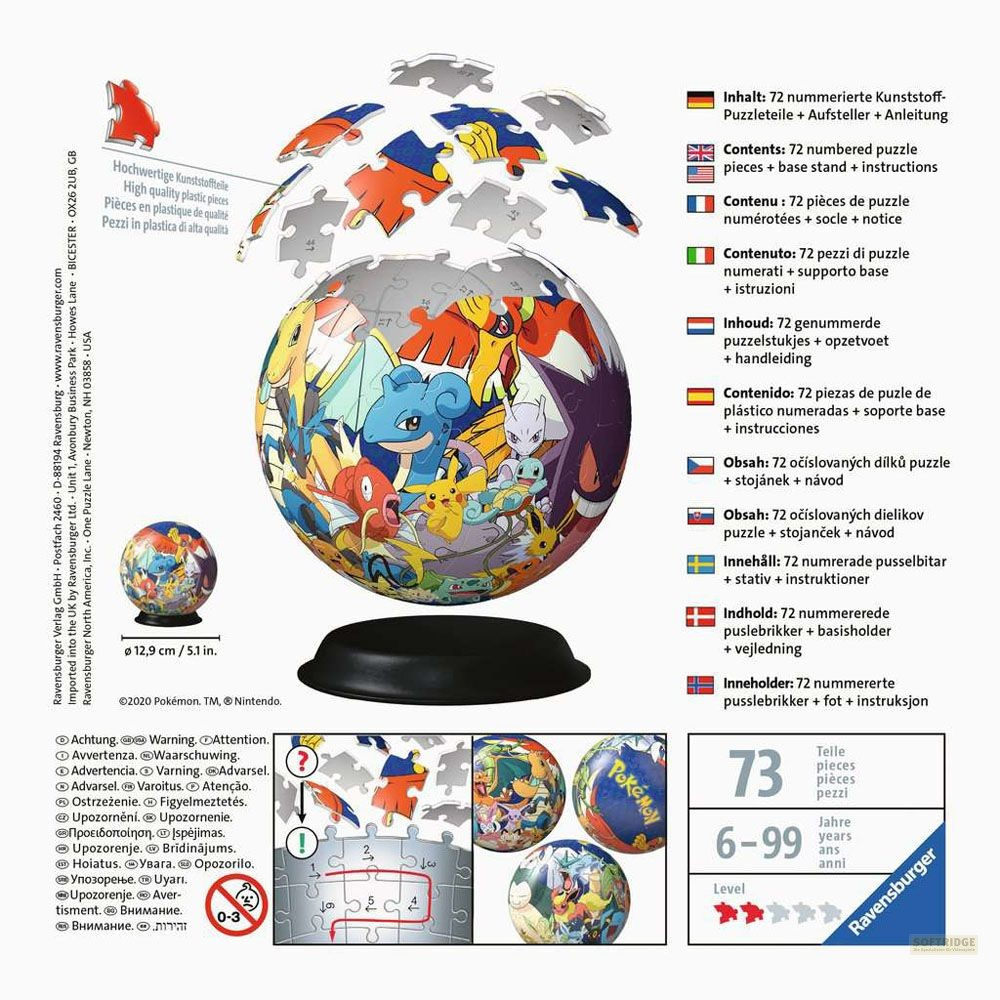 Bola de puzle 3D de Pokémon con 72 piezas, guía ilustrada, en soporte negro.