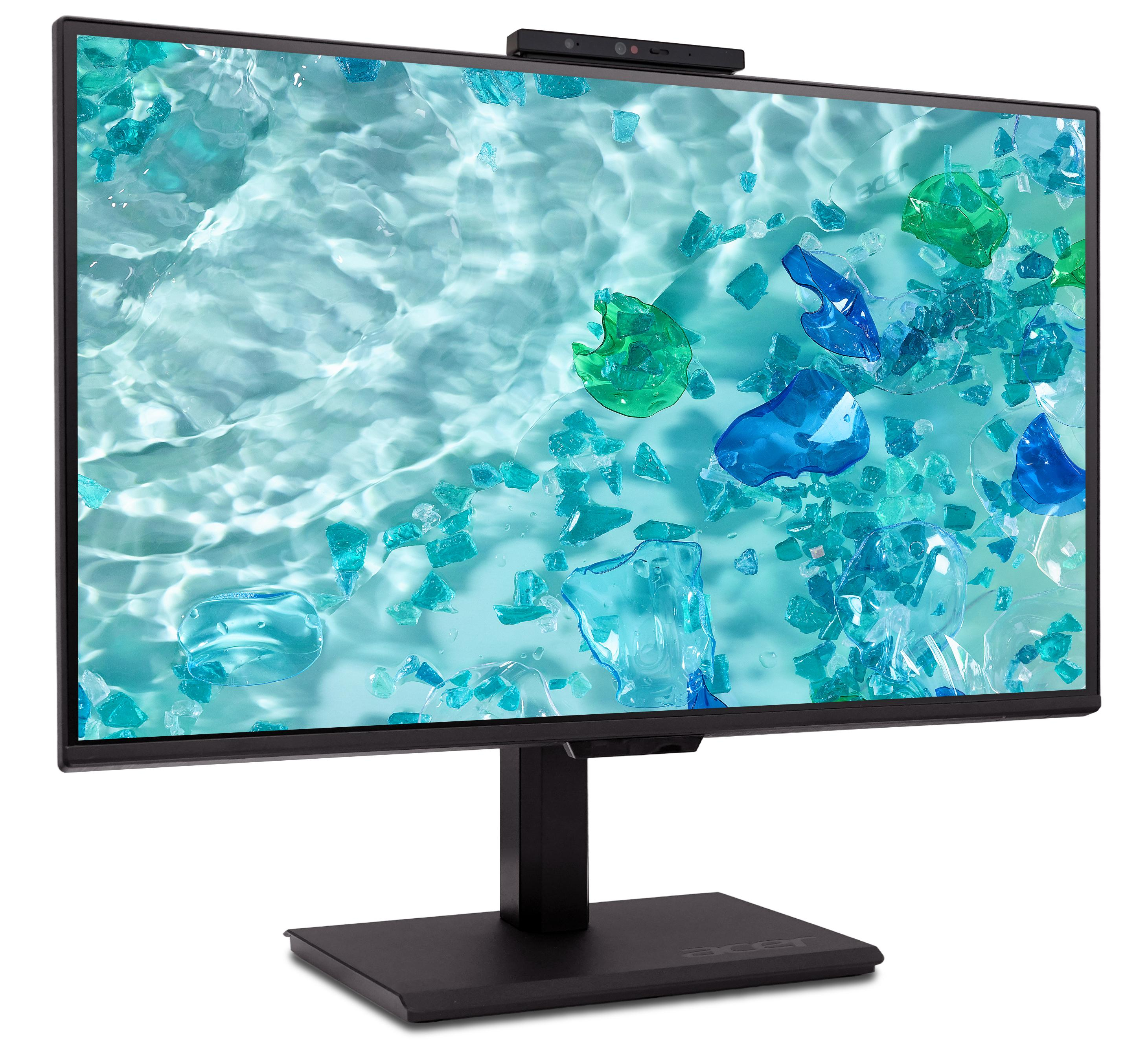Un monitor nero mostra un'immagine turchese con acqua e pezzi di vetro, con webcam.
