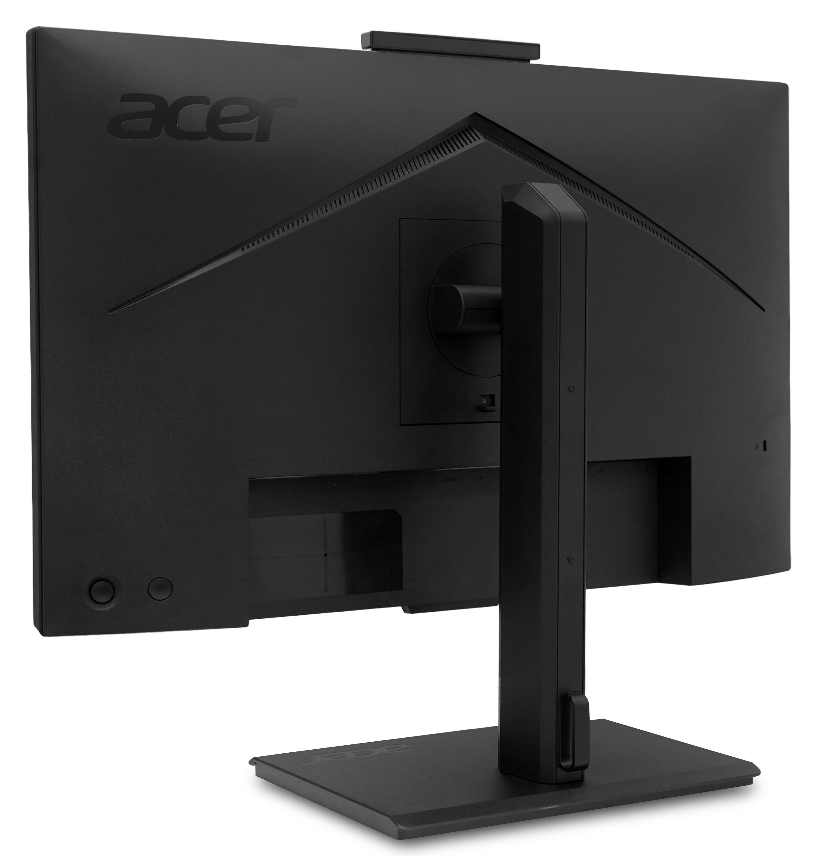 Il retro di un monitor Acer nero con supporto su uno sfondo bianco.