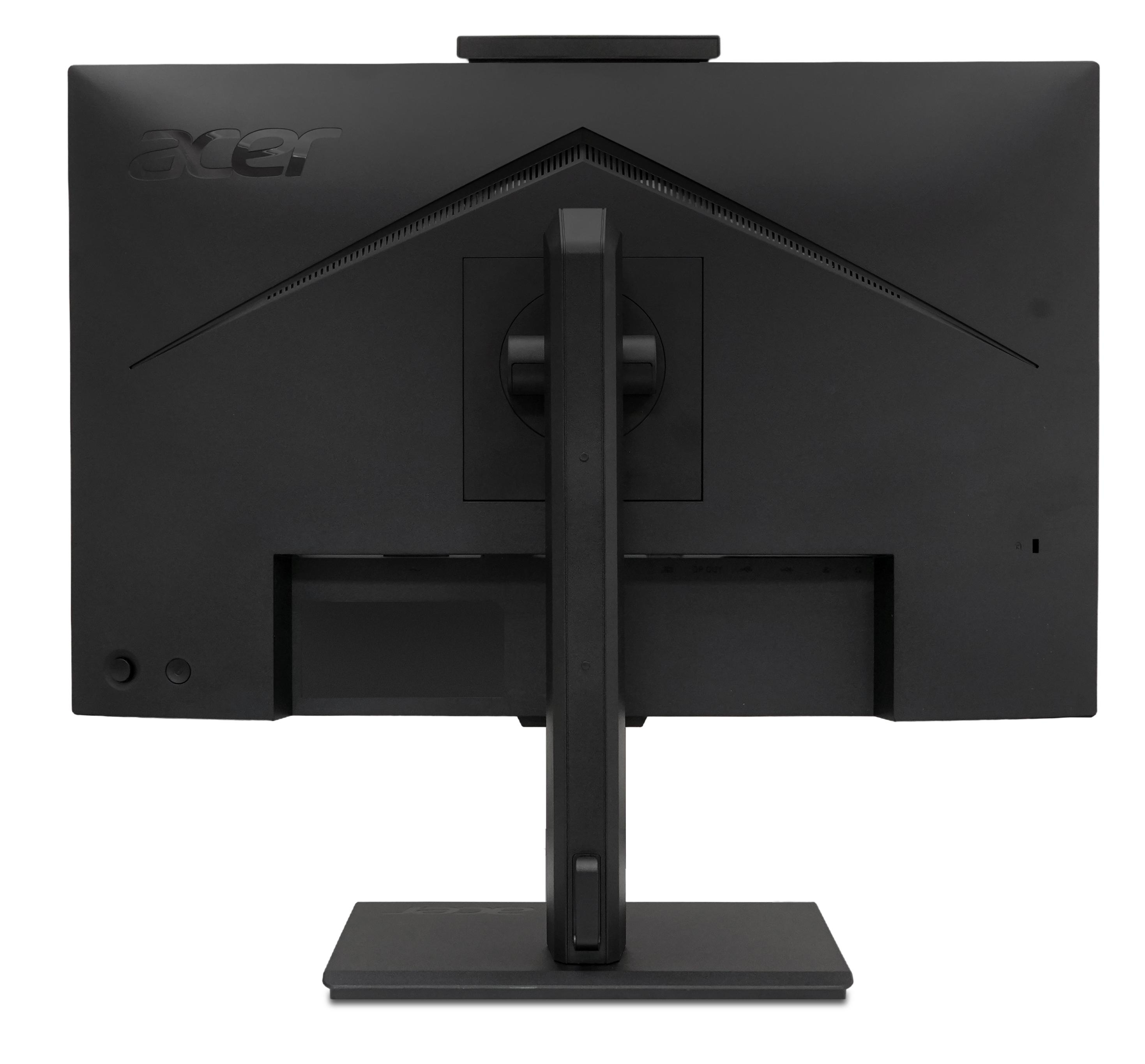 Vista posteriore di un monitor Acer nero con supporto su sfondo bianco.