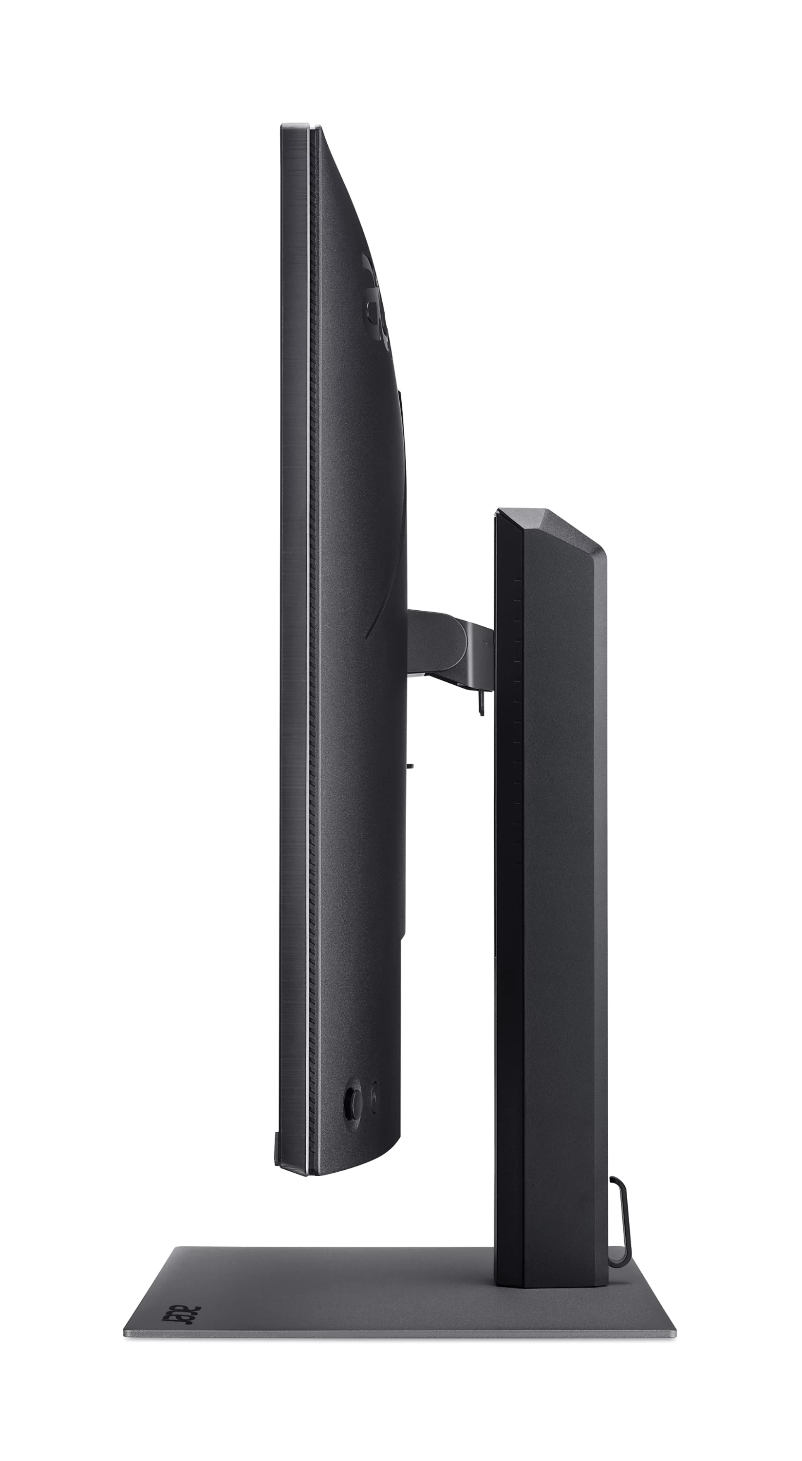 Vista laterale di un moderno monitor per computer nero con supporto regolabile su sfondo bianco.
