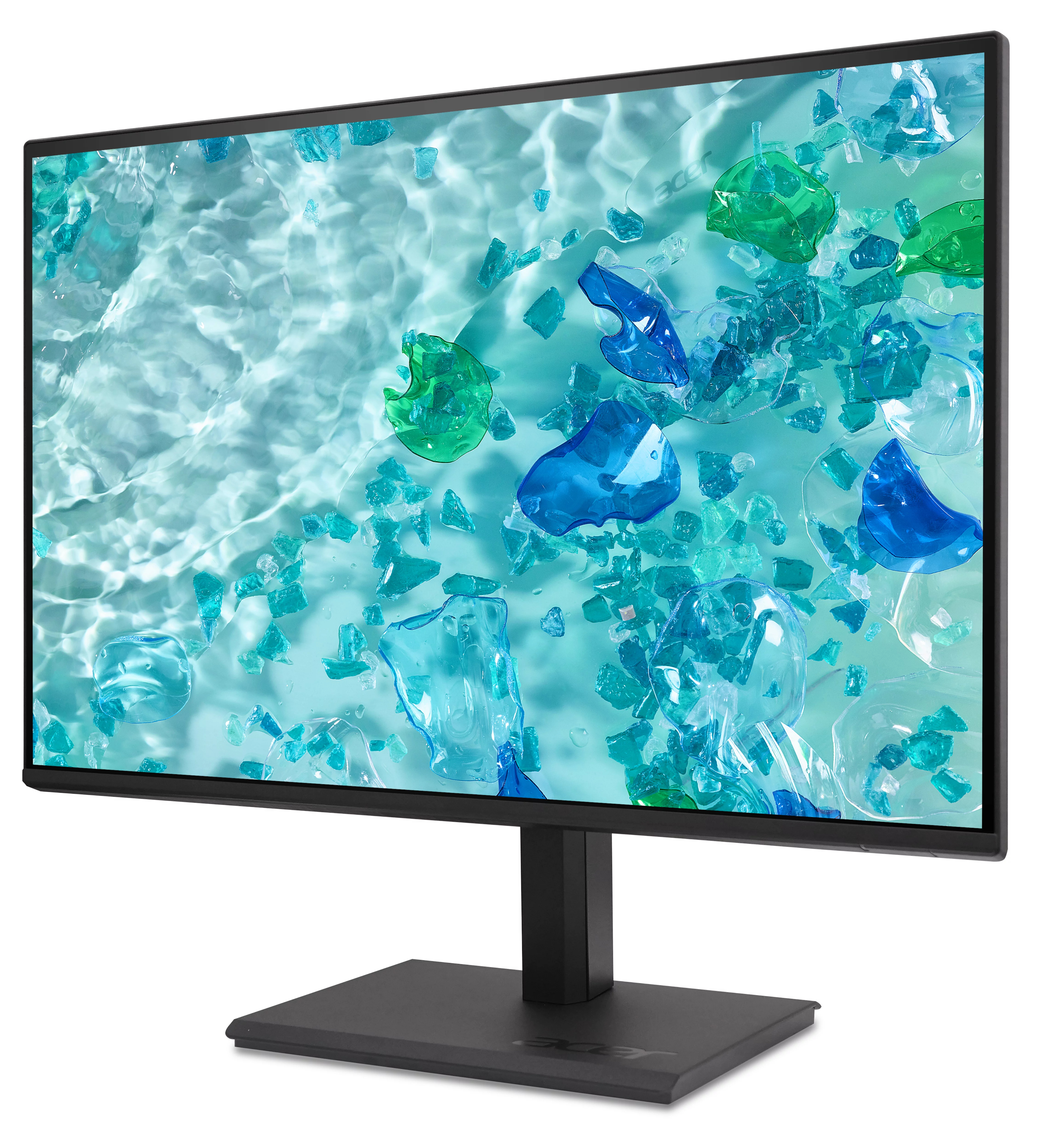 Monitor nero su sfondo bianco mostra acqua turchese con pezzi di plastica blu e verde fluttuanti.
