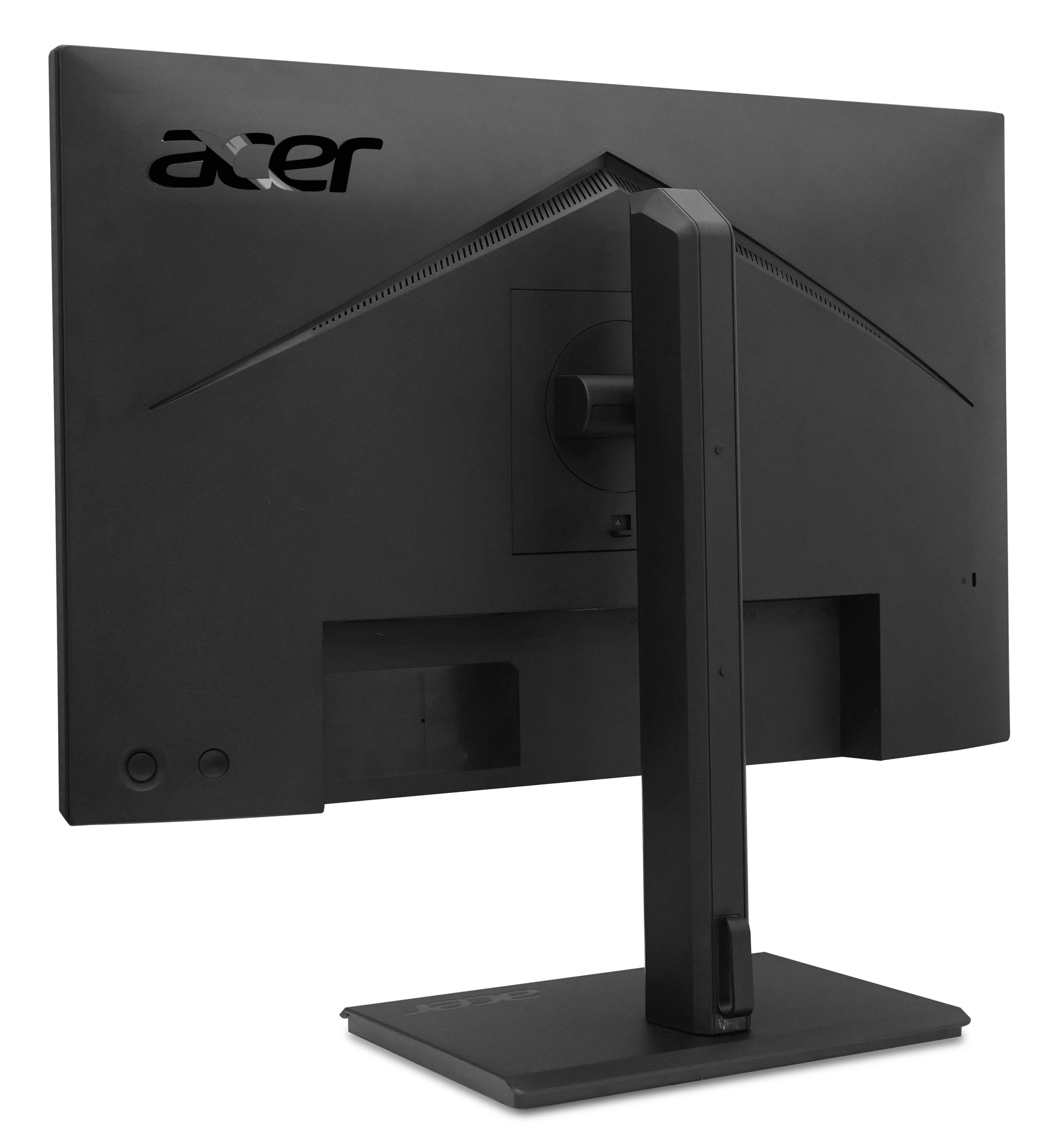 Vista posteriore di un monitor Acer nero con supporto ergonomico.