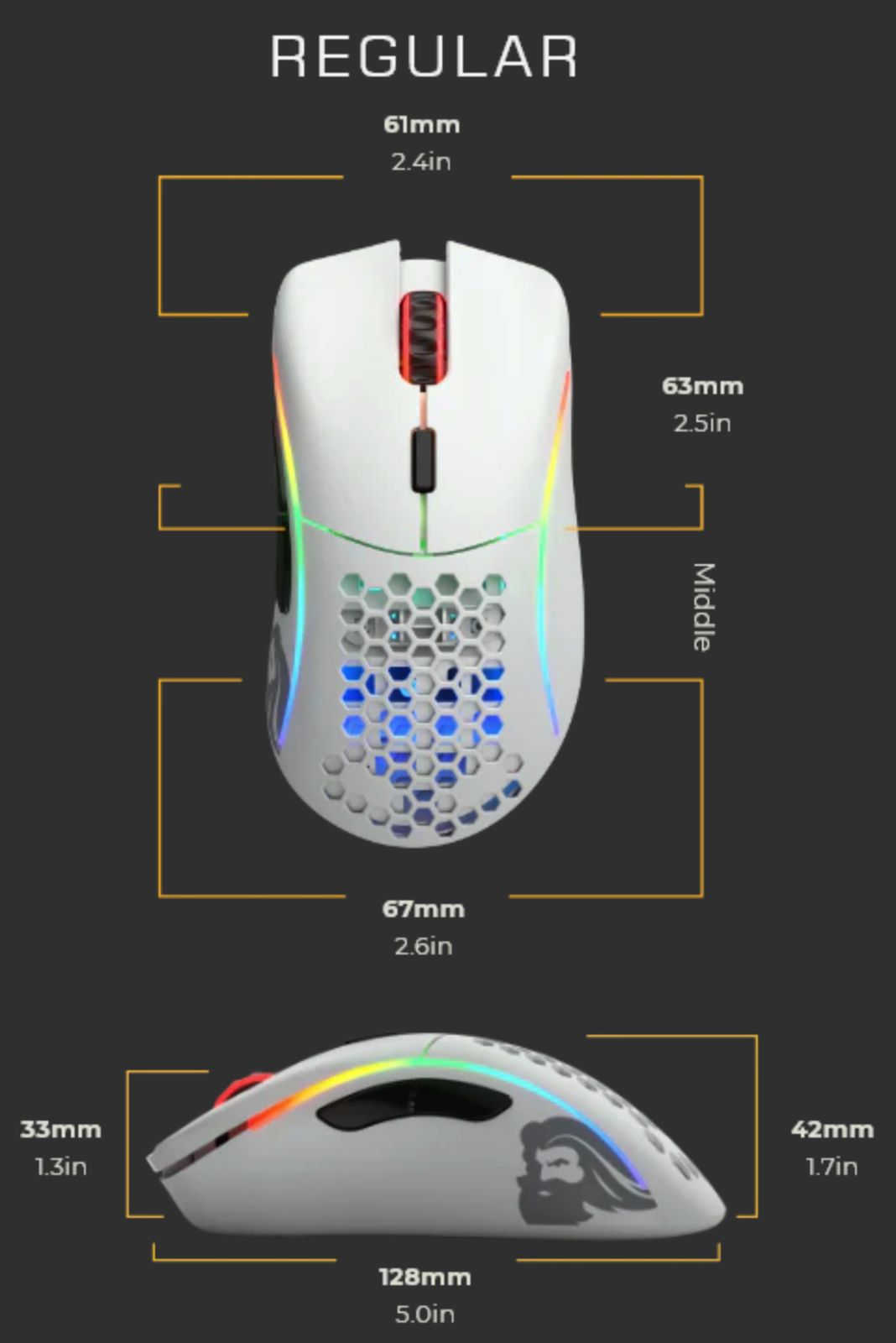 Dibujo t#cnico de un rat#n de juego blanco con iluminaci#n RGB y dimensiones.