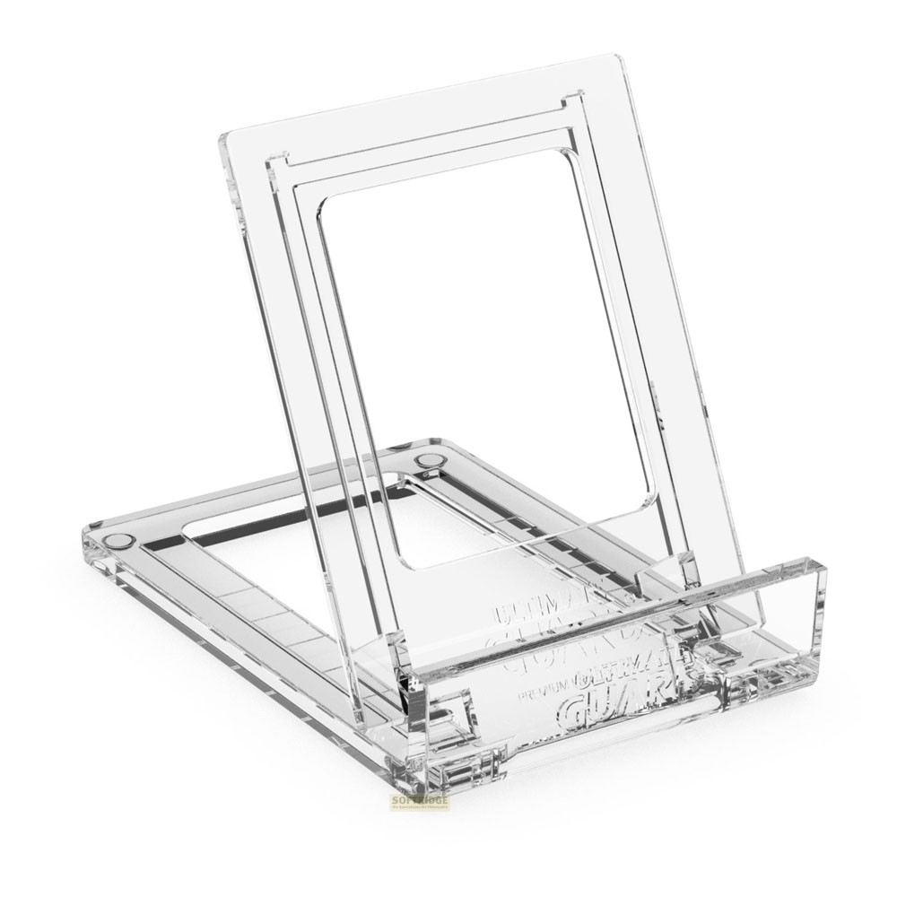 Support d'affichage en acrylique transparent sur fond blanc.