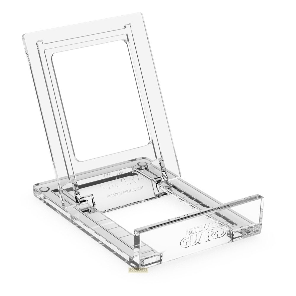 Un support de présentation en acrylique transparent avec dossier réglable et rebord avant, sur fond blanc.