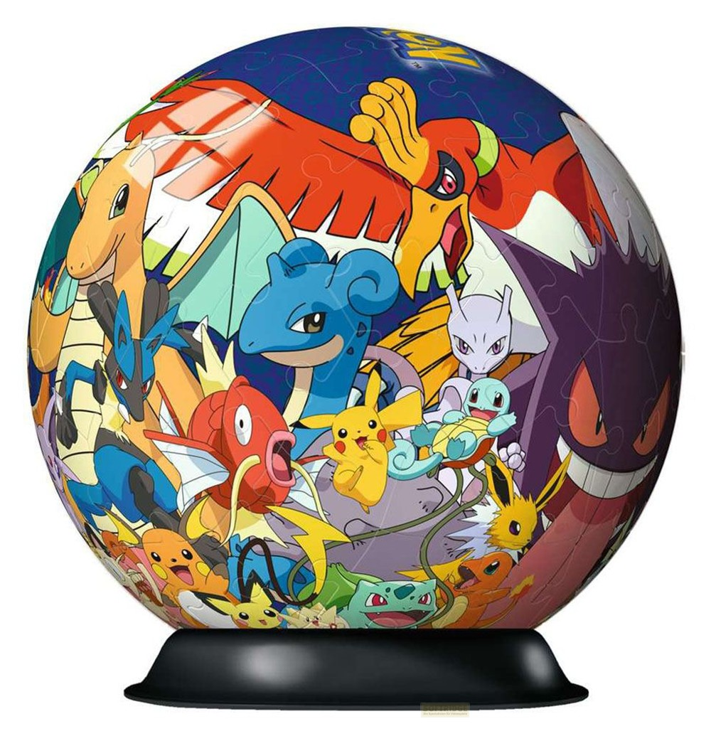 Puzzle Pokémon sferico su supporto nero con vari personaggi.