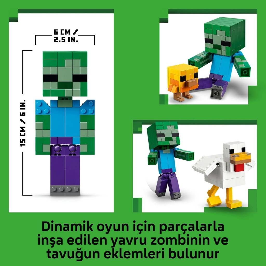 Yeşil arka planda tavuklu Lego Minecraft zombi figürü, yükseklik ölçüleri ve Türkçe metin.
