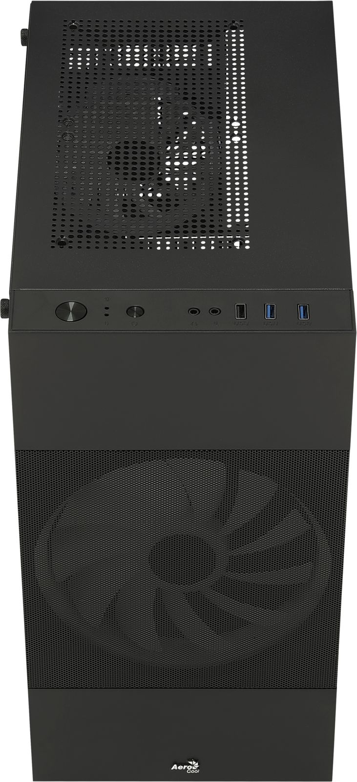 Gabinete de PC negro visto desde arriba, con frente de malla y puertos USB.