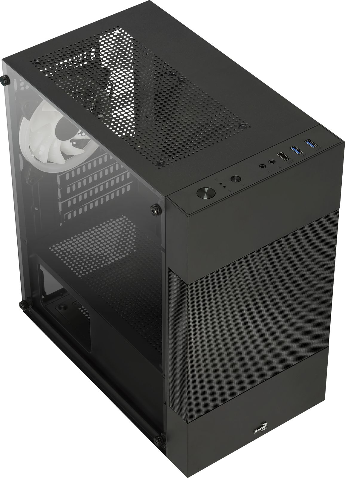 Una torre de PC negra con panel lateral de cristal, frente de rejilla y ventilador interior visible.