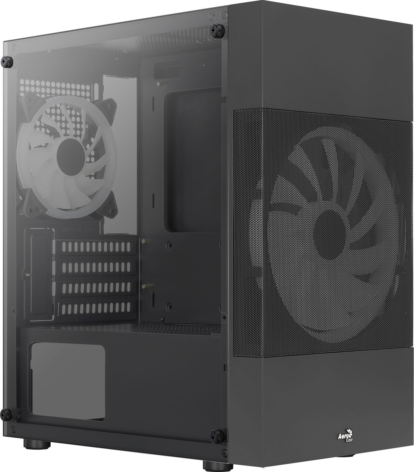 Gabinete de PC negro con panel lateral de vidrio, ventiladores y frente de malla.