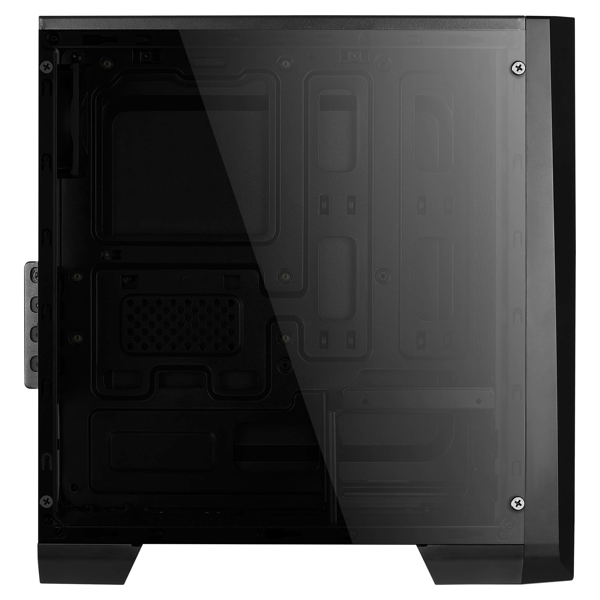 Zwarte PC-behuizing met een glazen zijpaneel en zichtbaar interieur.