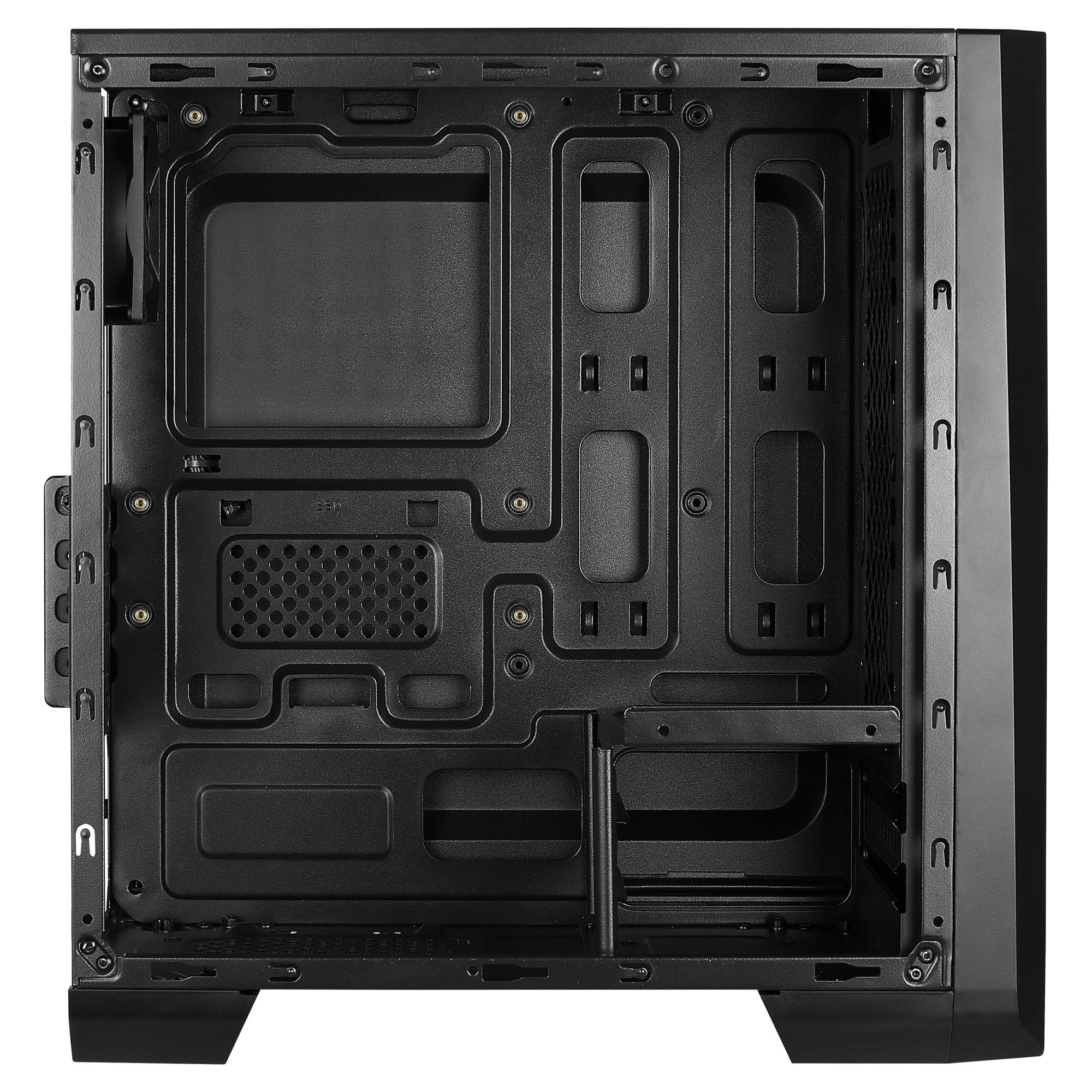 De binnenkant van een zwarte pc-behuizing met kabelgaten en bevestigingspunten.