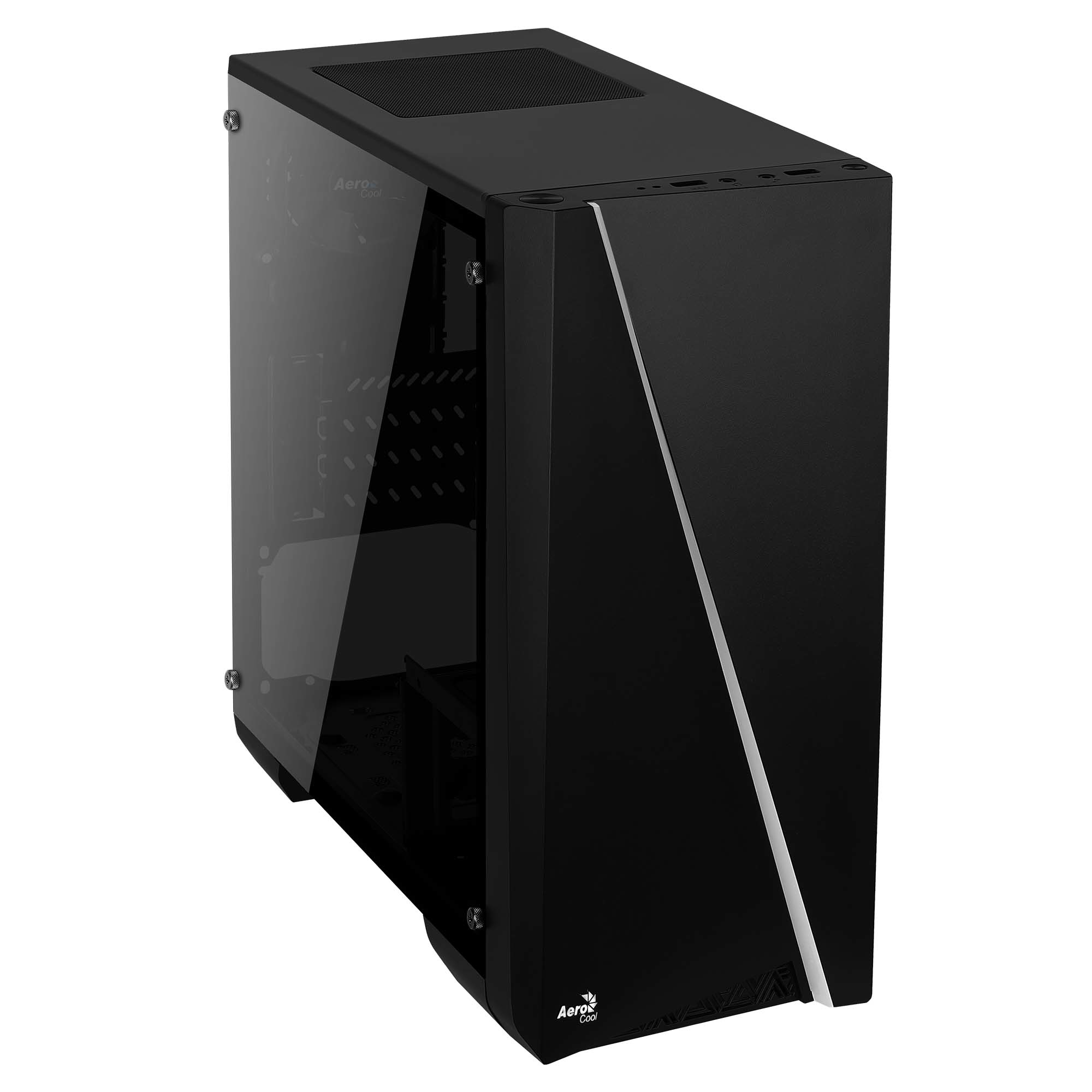 Zwarte AeroCool pc-behuizing met glazen zijkant en schuine lichtstrip.