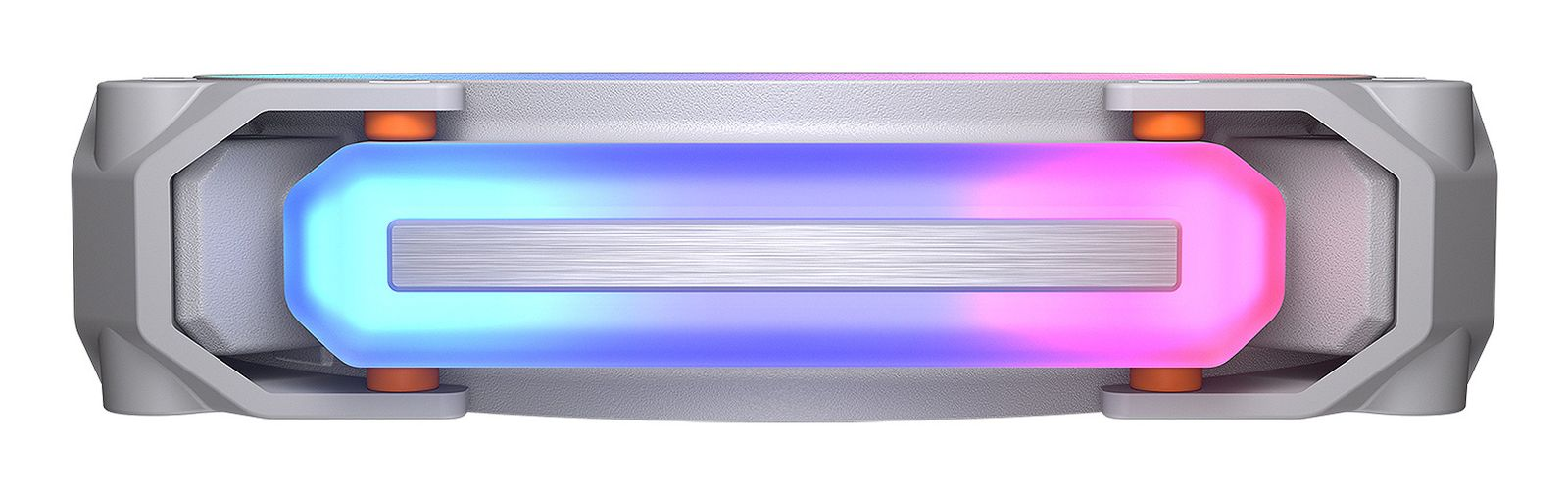 Un ventilador de PC plateado con iluminación RGB azul y rosa brillante y una barra central de metal cepillado.