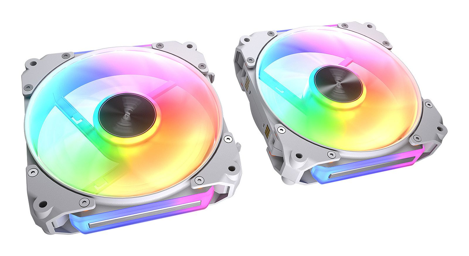 Dos ventiladores blancos para PC con iluminación RGB colorida y centro negro sobre fondo blanco.