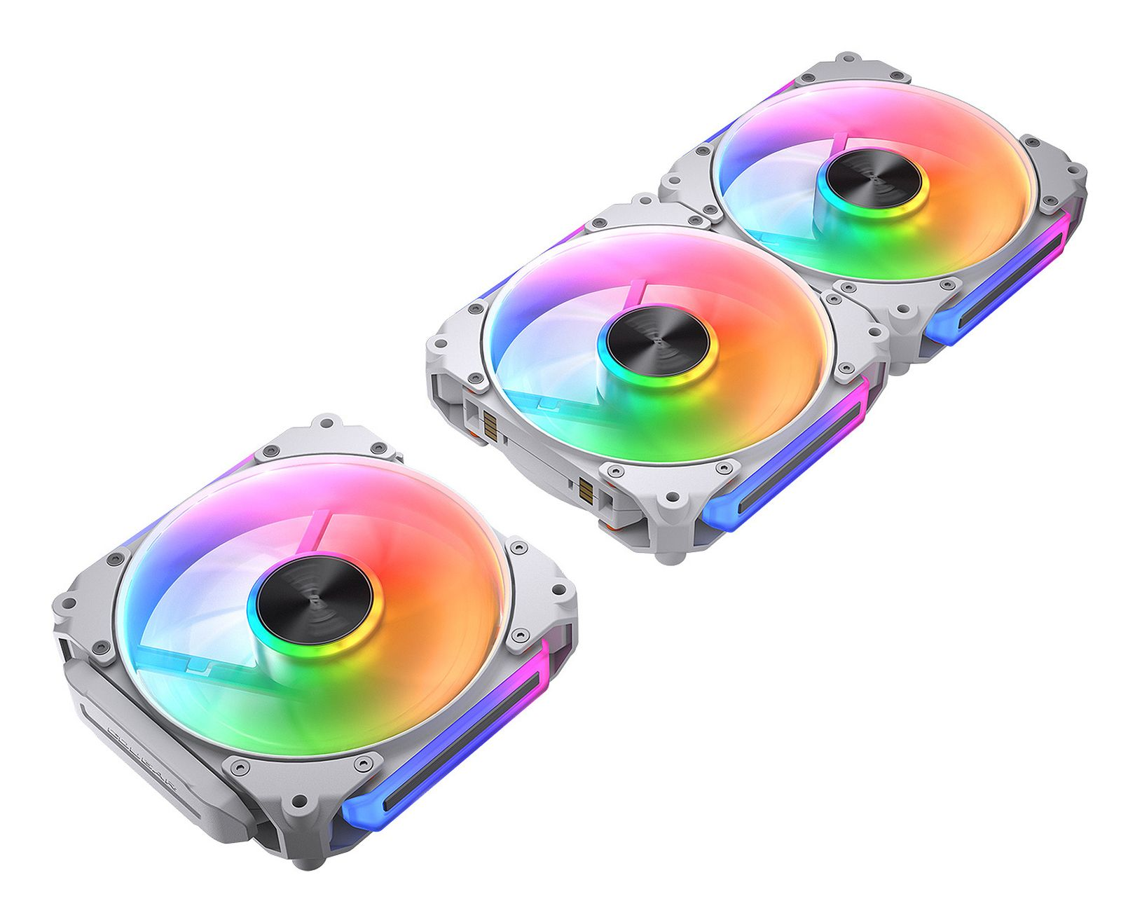 Cuatro ventiladores de PC blancos con iluminación RGB brillante y centros negros.