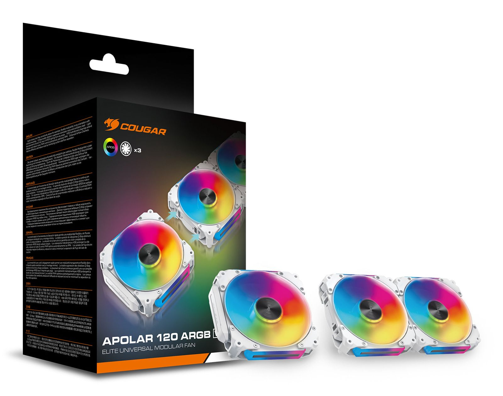 Ventiladores modulares Cougar Apolar 120 ARGB con caja de embalaje e iluminación LED.