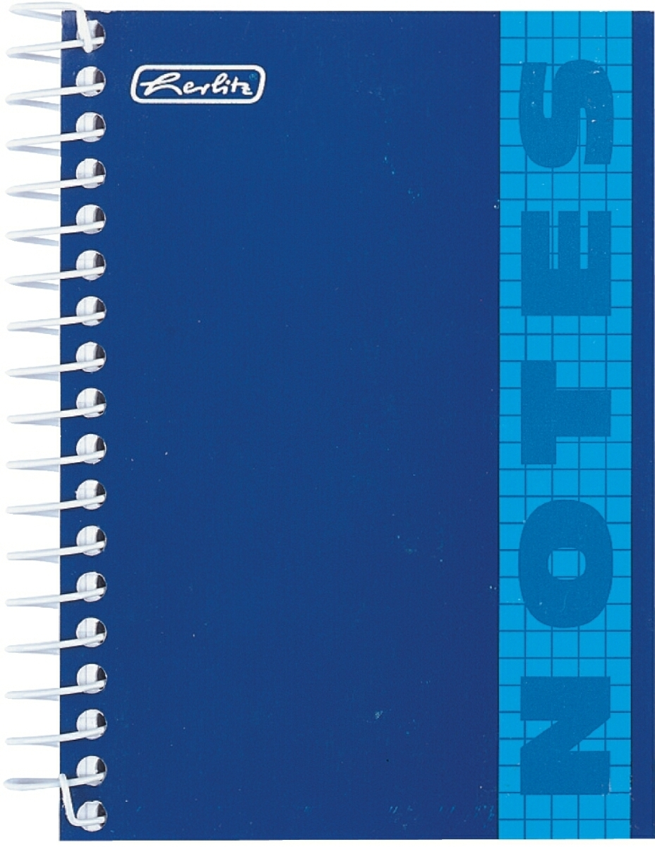 Ein blauer Herlitz Spiralblock mit weißer Spirale und dem Aufdruck NOTES auf der rechten Seite.