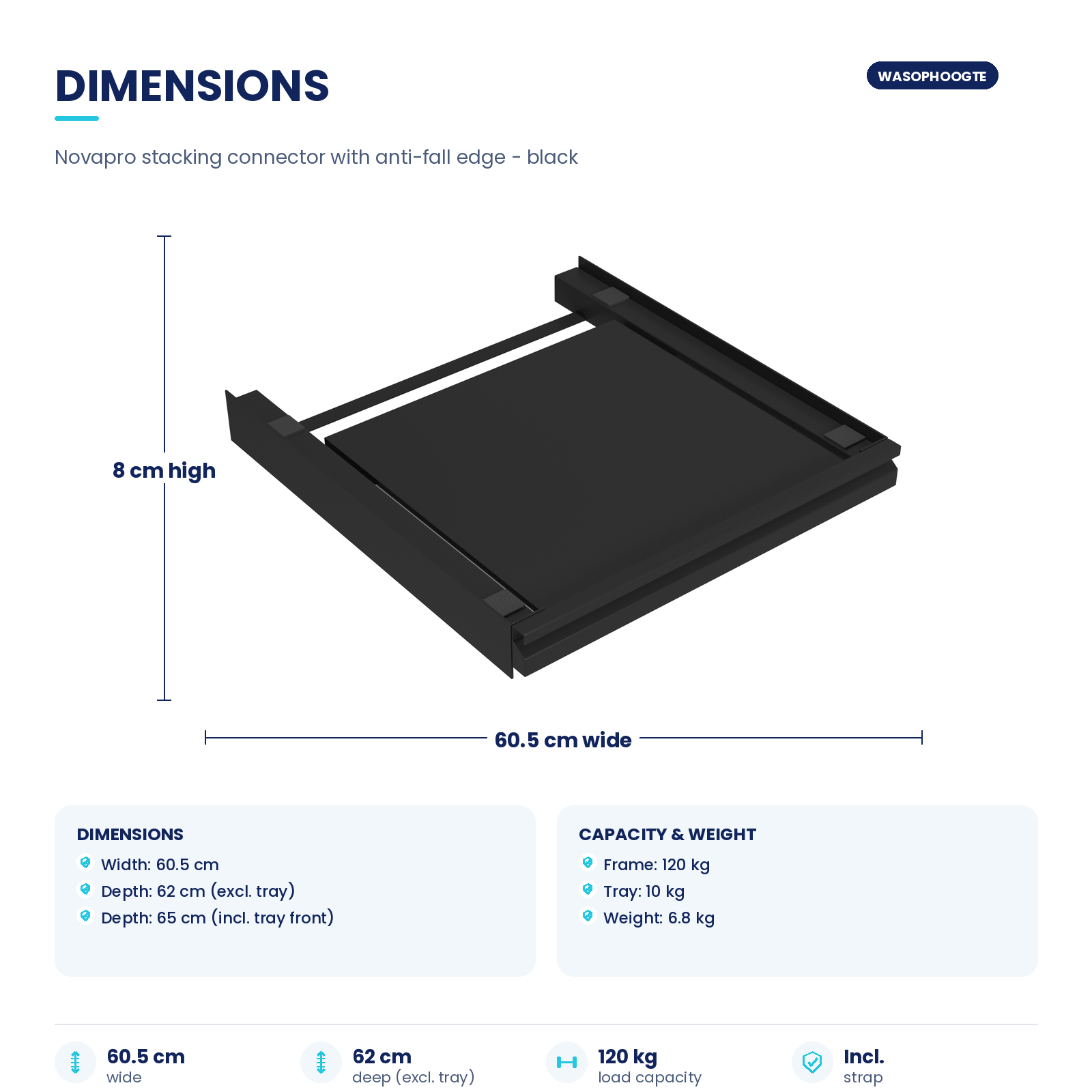 Afmetingen- en capaciteitsdiagram voor zwarte Novapro stapelconnector, 60,5 cm breed en 8 cm hoog.