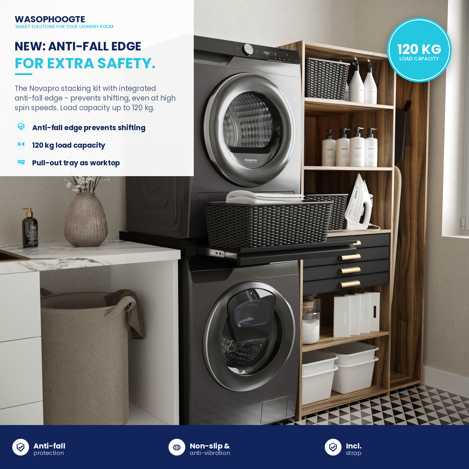 Grijze wasmachine en droger gestapeld in een moderne houten kast met wasaccessoires.